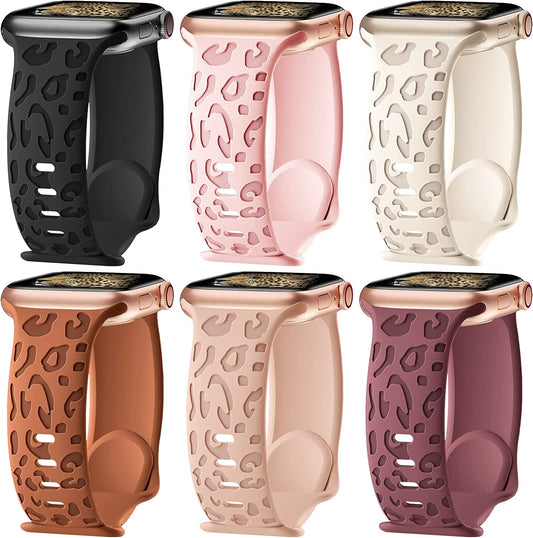 6 Pack Leopard Engraved Bands Compatible with Apple Watch Band 40Mm 44Mm 38Mm 45Mm 49Mm 42Mm Women Men,Waterproof Cheetah Sport Silicone Strap Wristbands for Iwatch SE Ultra Series 8 7 6 5 4 3 2 1  HEARTBOOM   