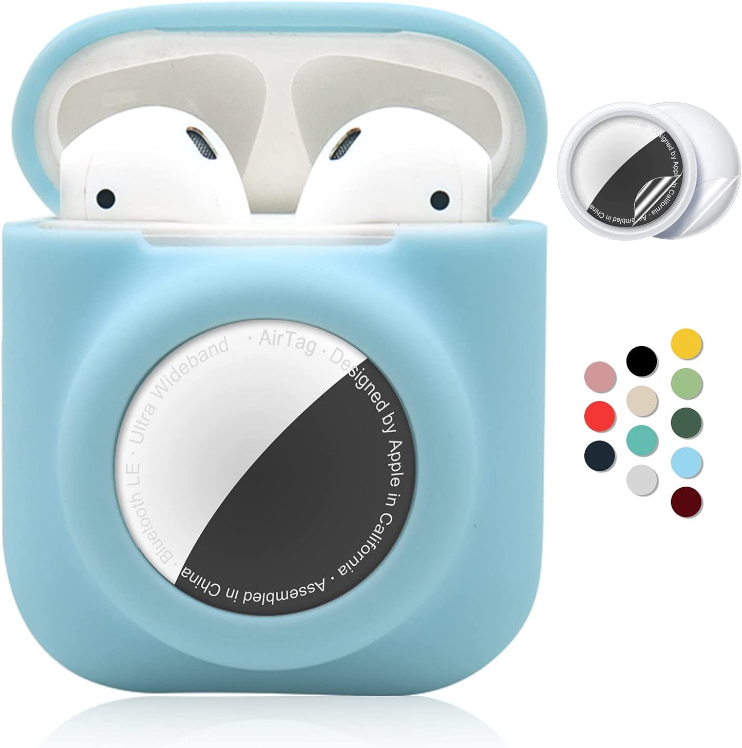 2 in 1 Silicone Protective Skin Cover Compatible with Airpod 1&2 and Airtag, Soft Comprehensive Protective Case with 2 PCS TPU Screen Protector, Anti-Scratch Anti-Fall Anti-Lost(Black)  Enspito Blue  