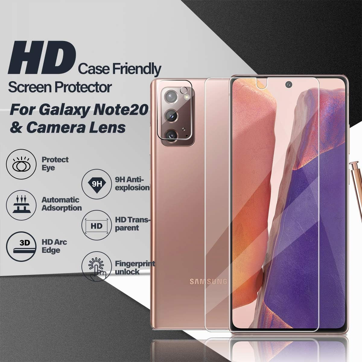Galaxy Note 20 Tempered Glass Screen Protector + Camera Lens Protector [ 2 + 2 Pack ] [Compatible Fingerprint] [Anti-Scratch] [Case Friendly] Clear HD Protective Film for Samsung Galaxy Note 20  BIGFACE   