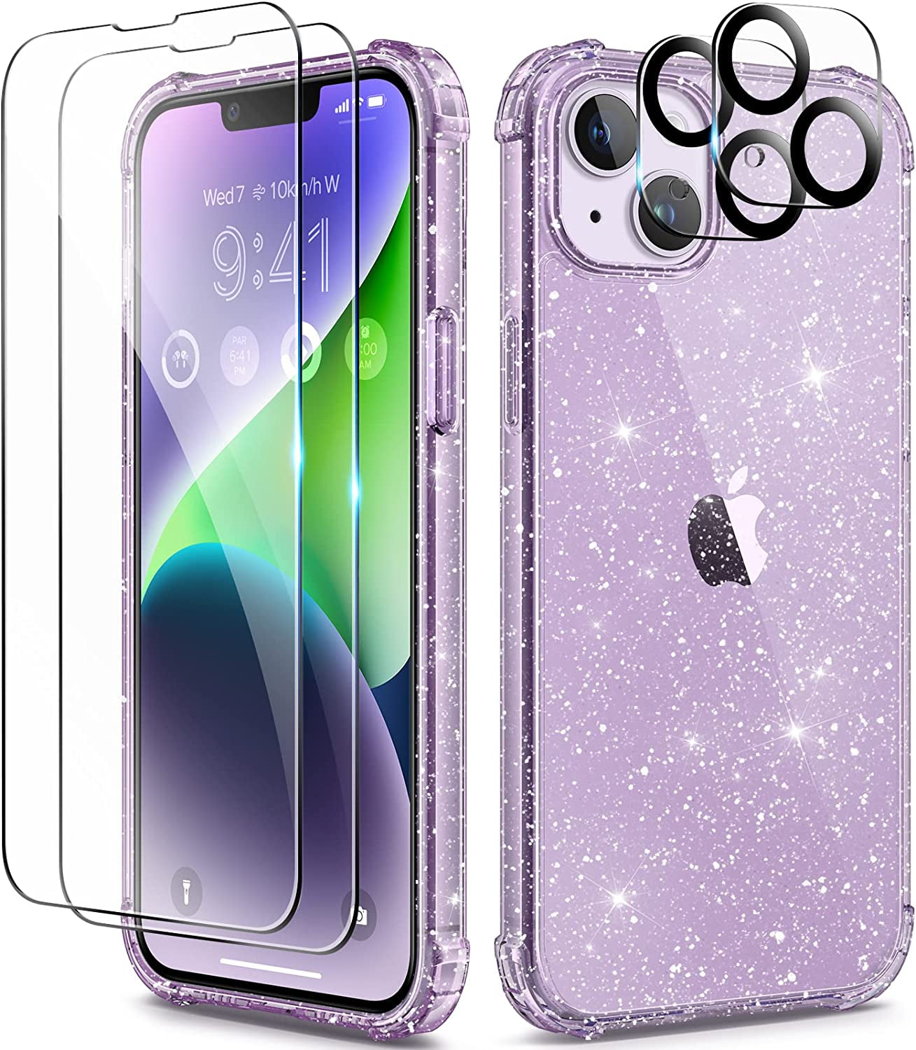 BERFY for Iphone 14 Case Glitter, with 2X Screen Protector + 2X Camera Lens Protector, [Not Yellowing] Sparkly Crystal Shockproof Hard Back Slim Protective Phone Cover for Women Girls (Clear Purple)  BERFY Clear Purple iPhone 14 6.1 inch 