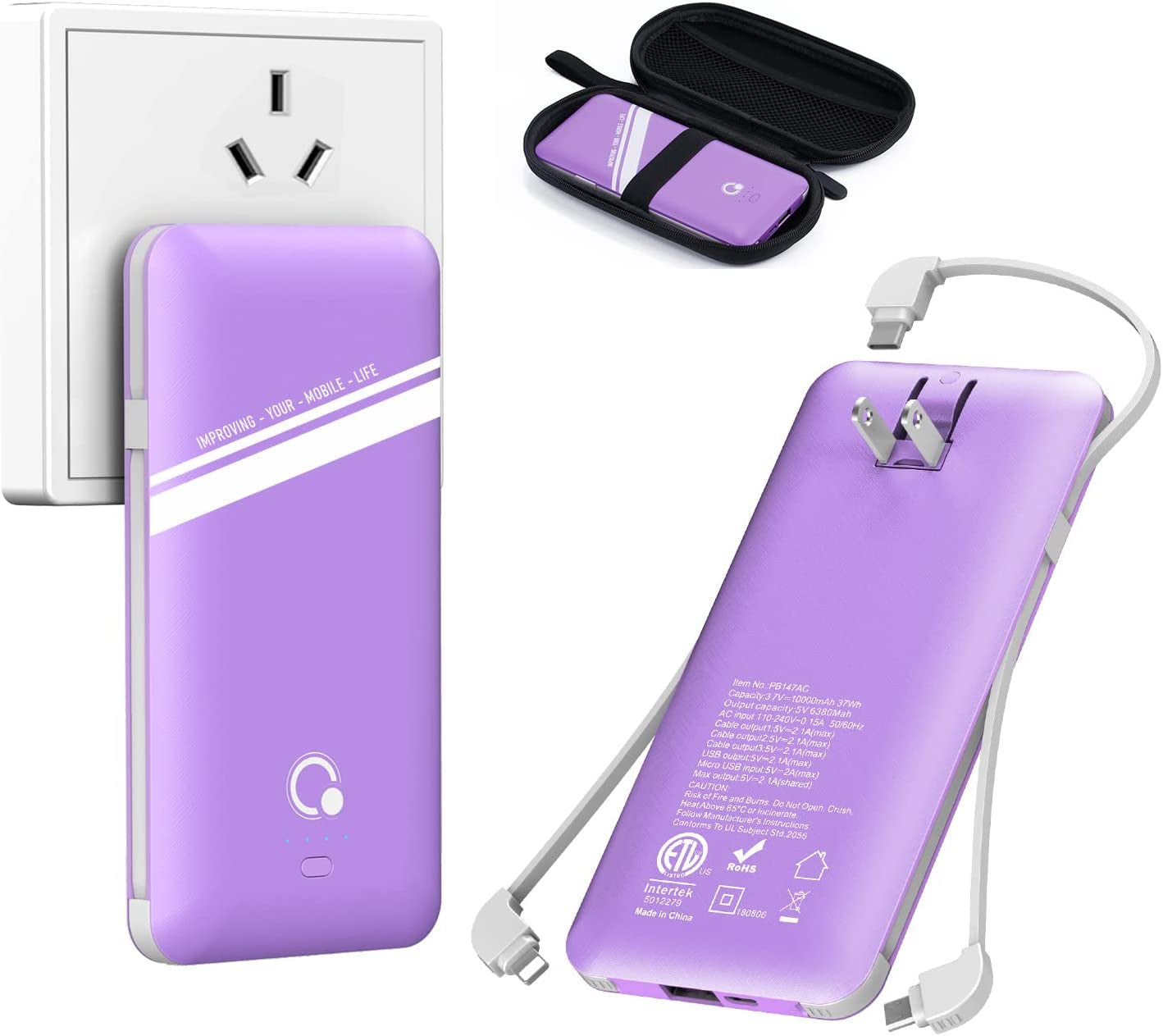 10000Mah Q Portable Charger, Ultra Slim USB C Power Bank, 4 Output Dual Input External Battery Pack with Built-In AC Wall Plug,Built in Micro and USB C Three Cables Compatible with All Mobilephone  Shen Zhen South Fortune Technology Co.,Ltd purple  