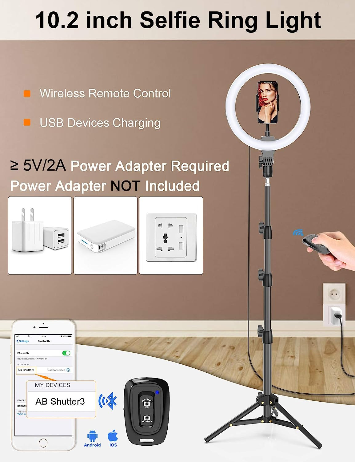 10.2" Selfie Ring Light with Tripod Stand & Phone Holder, Tryone LED Circle Light Halo Light for Video Recording/Makeup/Photography/Live Stream/Vlog  Winbywin   