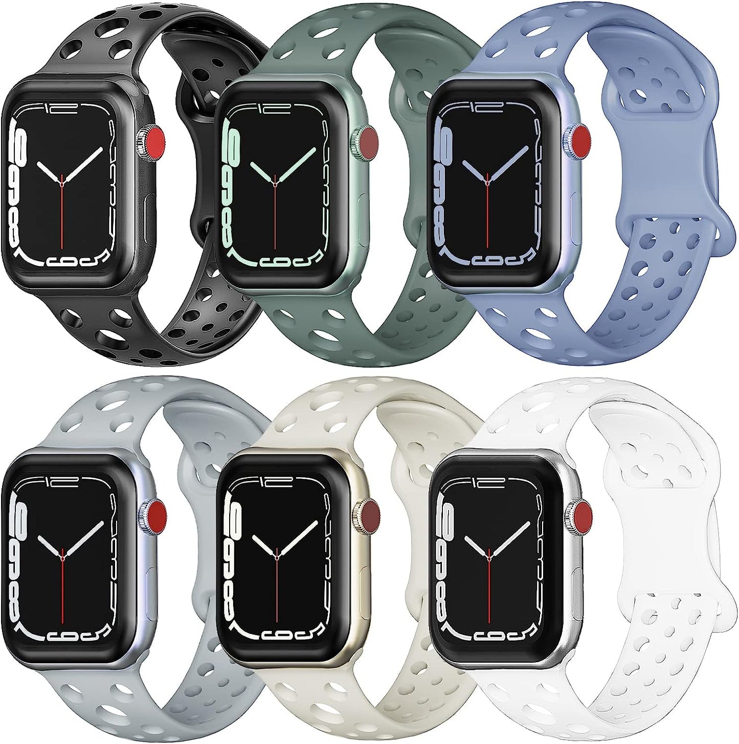 Wohben 6 Pack Sport Bands Compatible with Apple Watch Band 38Mm 40Mm 41Mm 42Mm 44Mm 45Mm Women Men, Breathable Soft Silicone Bands Waterproof Replacement Strap for Iwatch Series 7 6 5 4 3 2 1 SE  Wohben black/white/starlight/foggy blue/foggy grey/eucalyptus green 42/44/45/49MM 