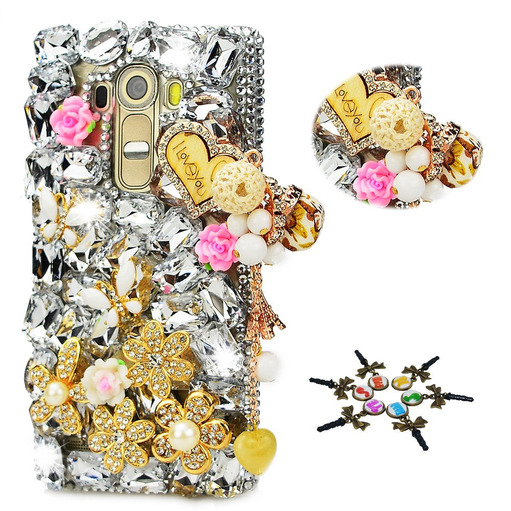 STENES Bling Case Compatible with LG G8 Thinq - STYLISH - 3D Handmade Crystal Heart Pendant Dance Butterfly Flowers Design Protective Cover Compatible with LG G8 Thinq - Pink  STENES Heart Pendant Butterfly Rose Flowers / Whitegold Design For Lg G8 Thinq 
