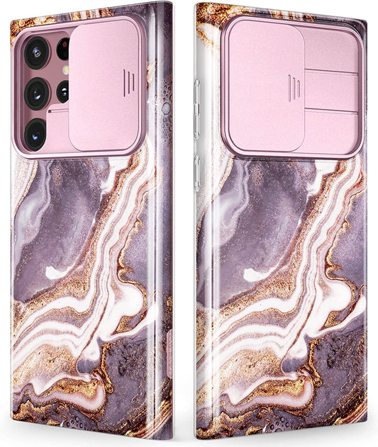 GVIEWIN for Samsung Galaxy S22 Ultra Case with Slide Camera Cover, [Military Grade Drop Protection] Marble Slim Fit Shockproof Protective Phone Case for S22 Ultra 5G 6.8" 2022 (Burgundy/Gold)  GVIEWIN   