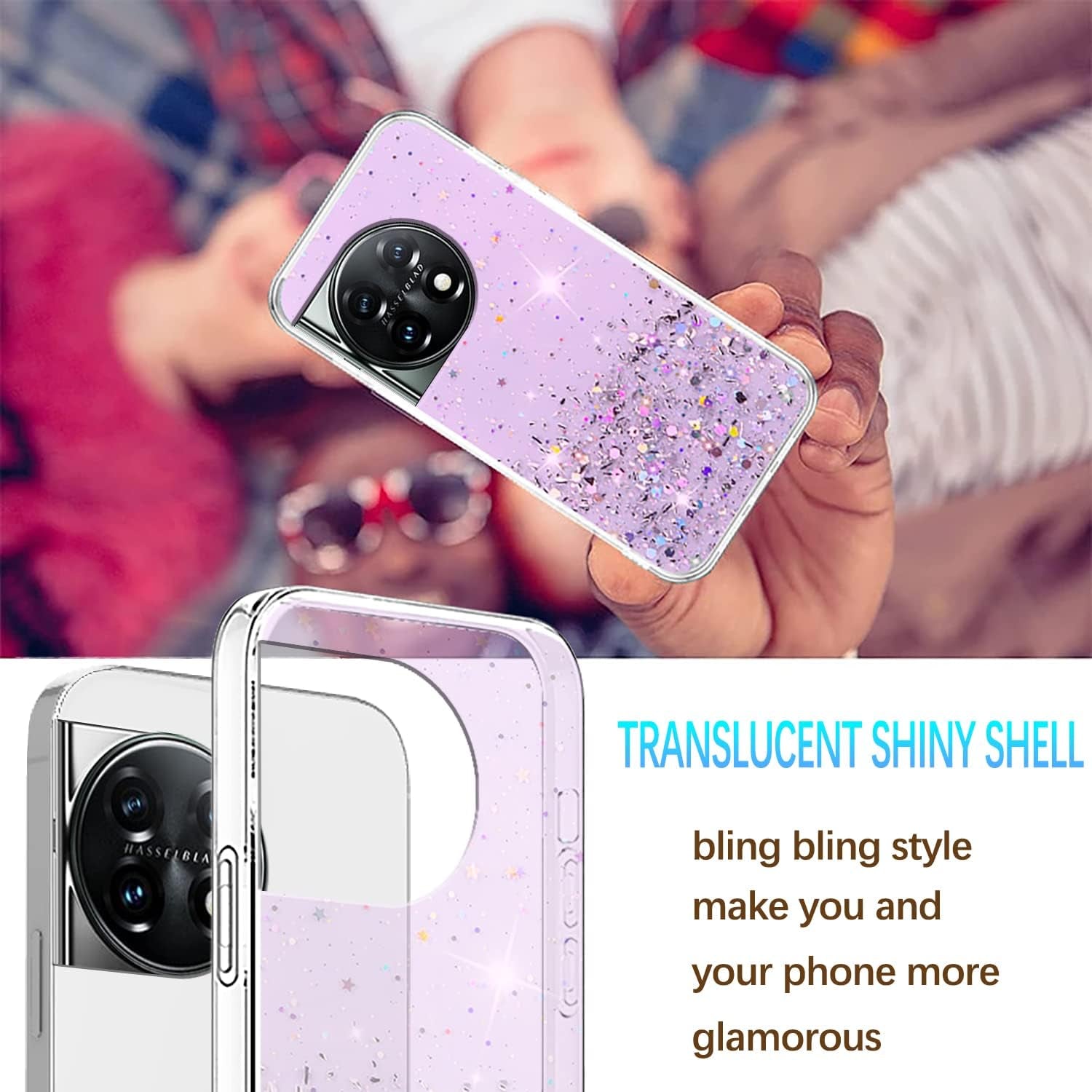 Compatible with Oneplus 11 Case Glitter Clear Green, Oneplus 11 Phone Case Silicone Transparent Soft TPU Women Girls Shockproof Protective Slim Cover (Purple)  Wousunly   