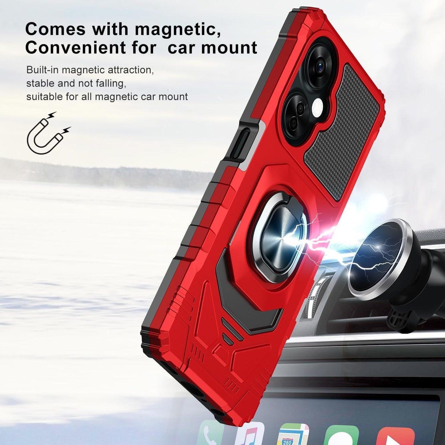 TJS Compatible for Oneplus Nord N30 5G Case, with Tempered Glass Screen Protector, Metal Ring Magnetic Support Kickstand Heavy Duty Drop Protection Cover Phone Case (Red)  TJS   