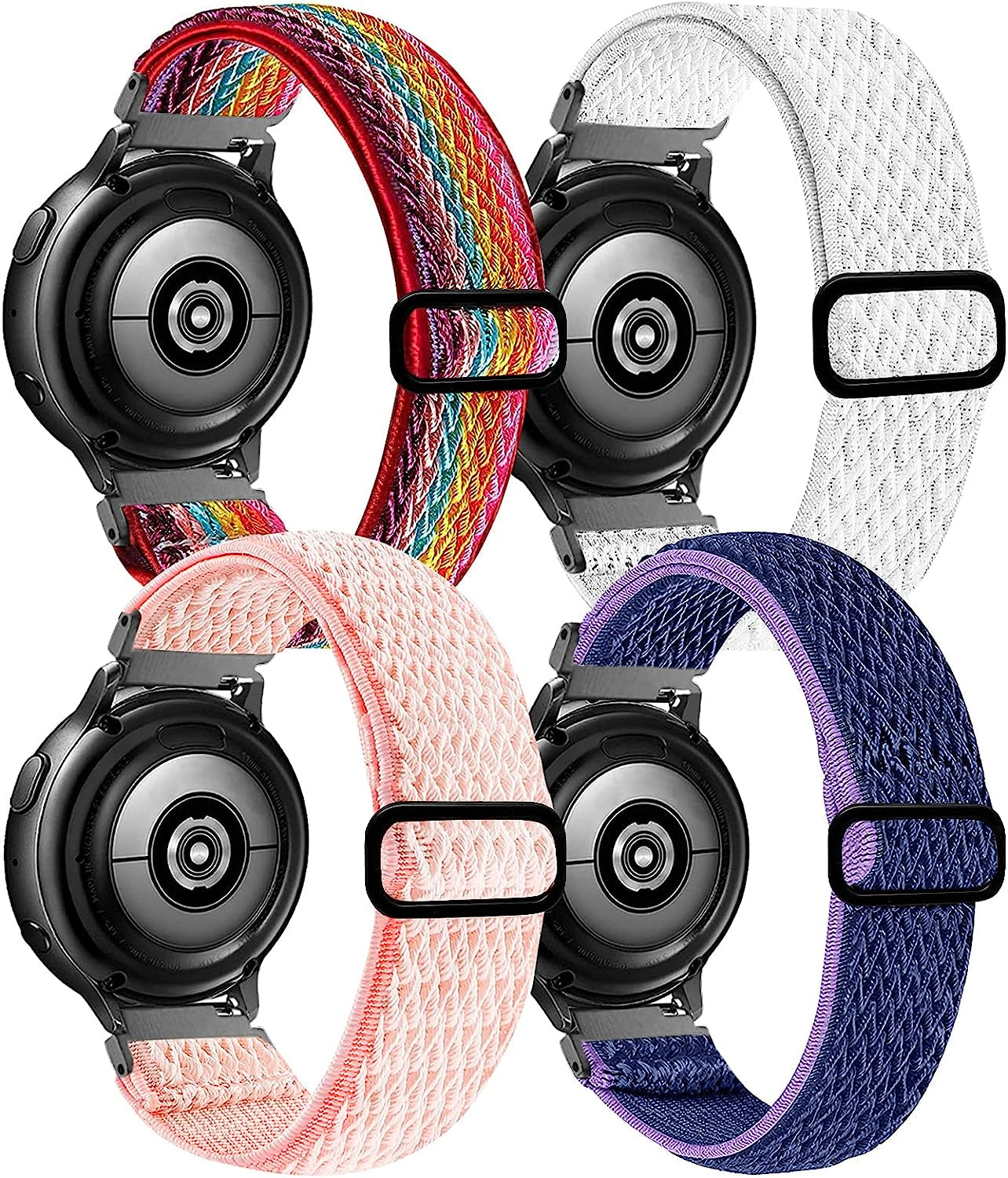 20Mm Stretchy Band Compatible with Samsung Galaxy Watch 5/4 40Mm 44Mm/Watch 5 Pro 45Mm/Watch 4 Classic 42Mm 46Mm/Watch 3 41Mm/Galaxy Watch 42Mm/Active 40Mm/Active 2 40 44Mm, Nylon Strap for Men Women  POHNUI Rainbow+Pink+White+Purple Blue  