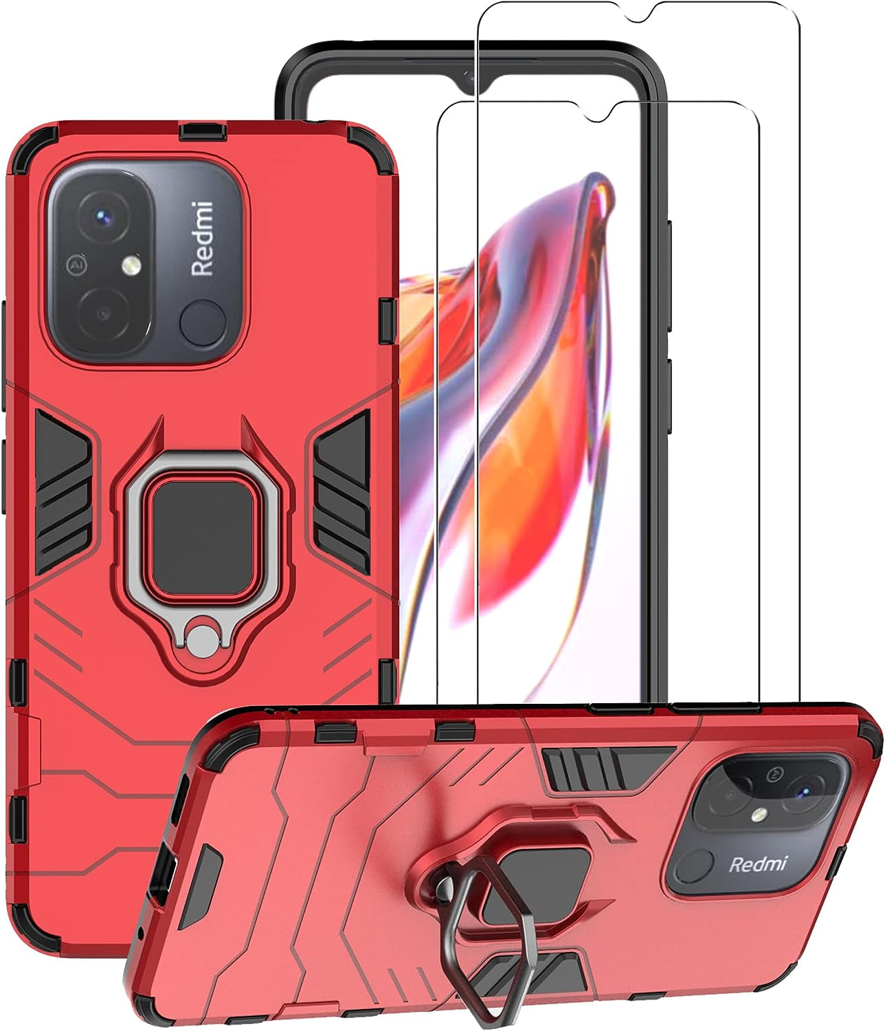 ZMONE Phone Case for Xiaomi Redmi 12C Case with Glass Screen Protector [2 Pack] Heavy Duty Dual Layer Military Grade Shockproof Protective Cover with Magnetic Ring Kickstand - Black  Chengmi Red  