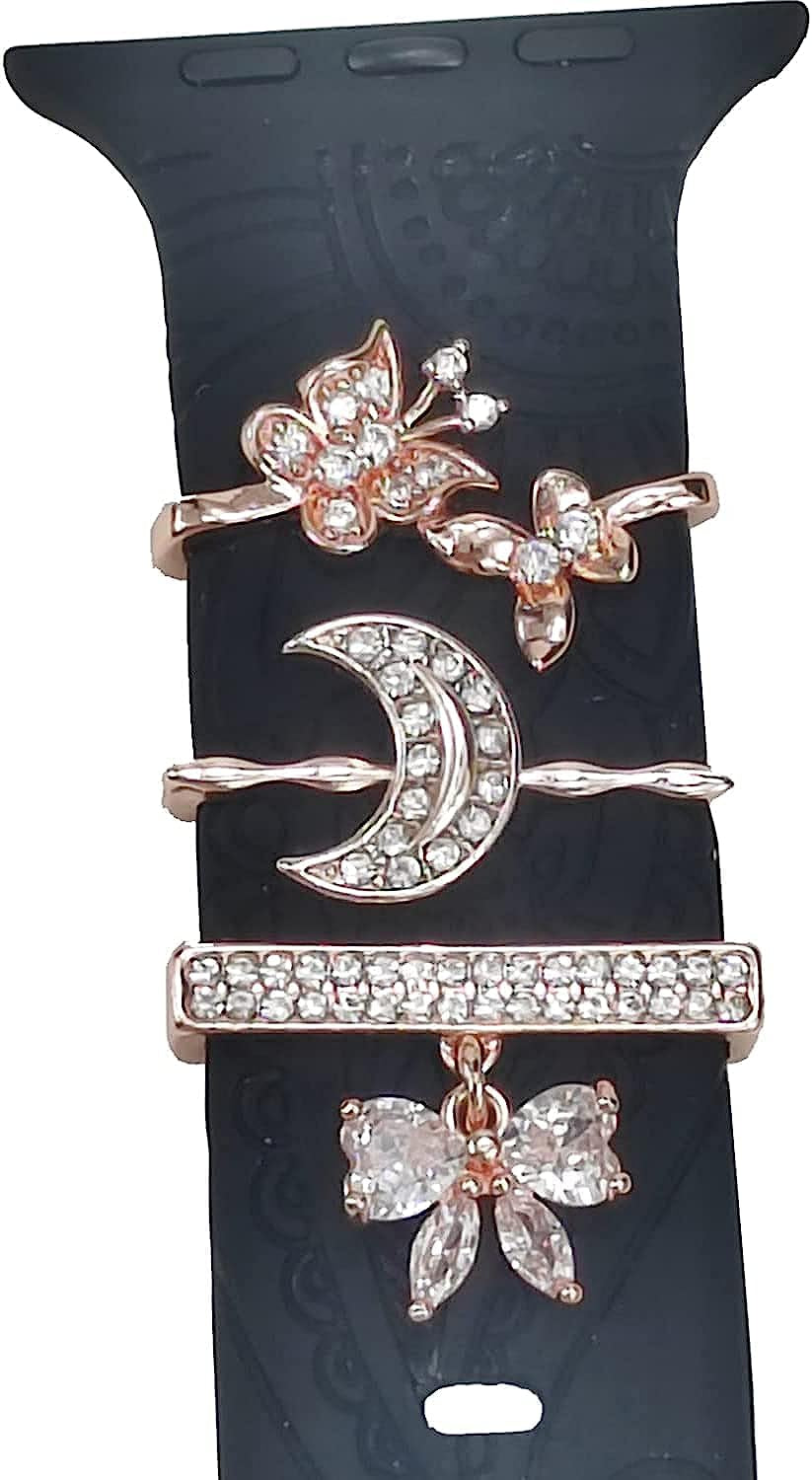 Watch Band Charms - Decorative Rings Loops Compatible with Apple Watch Silicone Leather Bands Charms 49Mm 45Mm 44Mm 42Mm 41Mm 40Mm 38Mm,Metal Diamond Charms Slide Strap Accessories Charms for Iwatch Series 9 8 7 6 5 4 3 2 1 Samsung Galaxy , Fitbit  SUNOREEK rose gold butterfly moon  