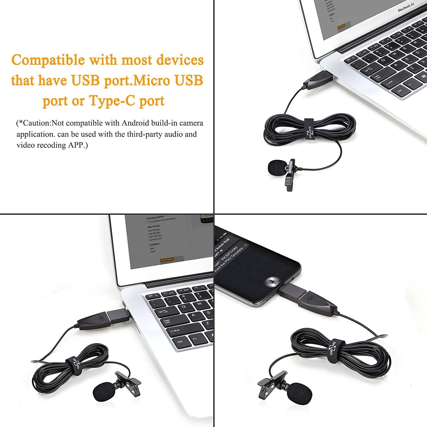 USB Lavalier Lapel Microphone for Video Recording Podcasting Streaming, USB C Clip-On Computer Microphones, Plug & Play Omnidirectional Condenser Lav Mic for Android Phone PC Laptop Mac Macbook PS4  Z ZAFFIRO   