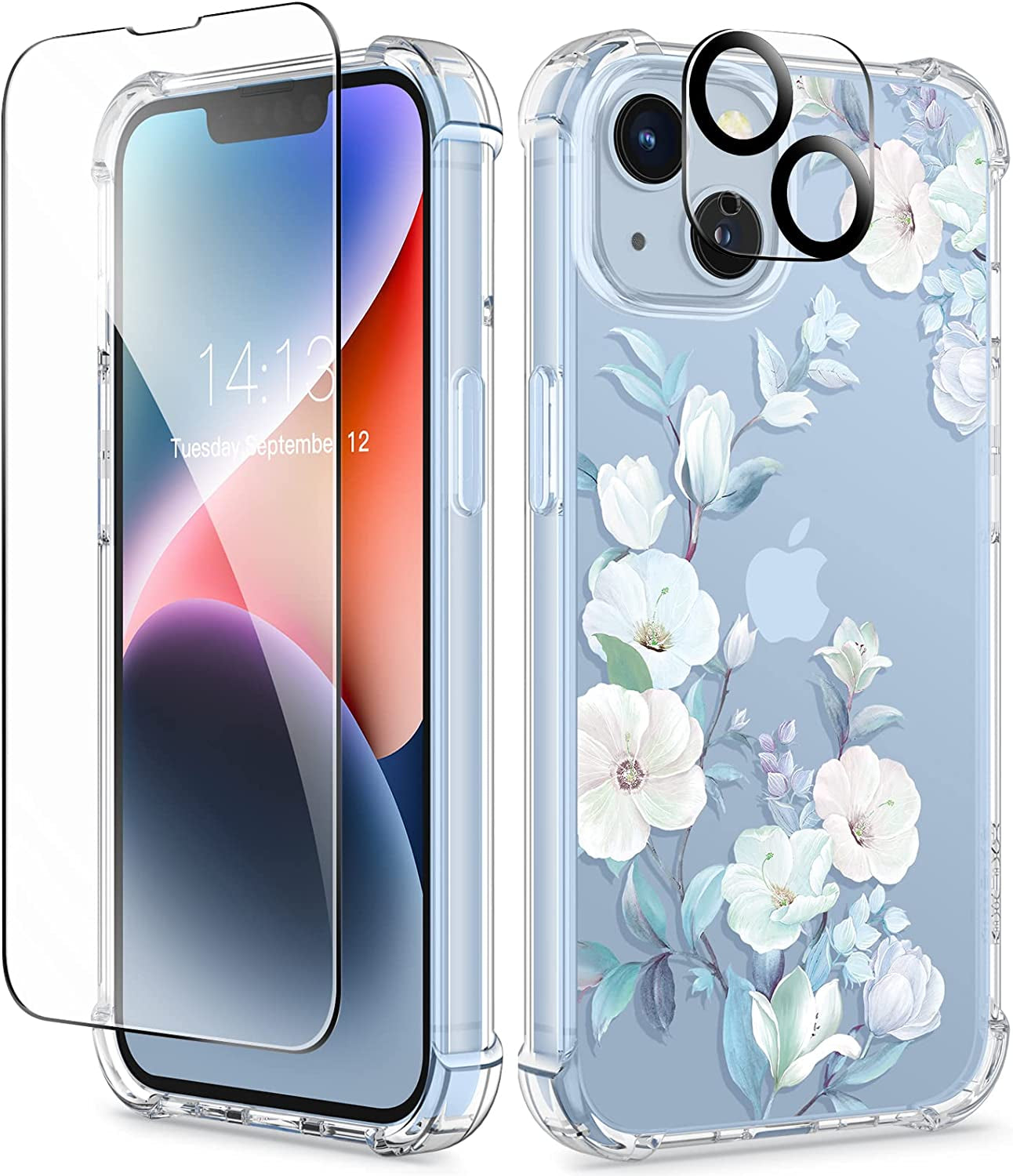 GVIEWIN Case Compatible with Iphone 14 plus 6.7 Inch,With Screen Protector + Camera Lens Protector, Clear Flower Shockproof Soft Protective Floral Women Phone Cover, 2022 (Cherry Blossoms/Purple)  GVIEWIN Hibiscus  
