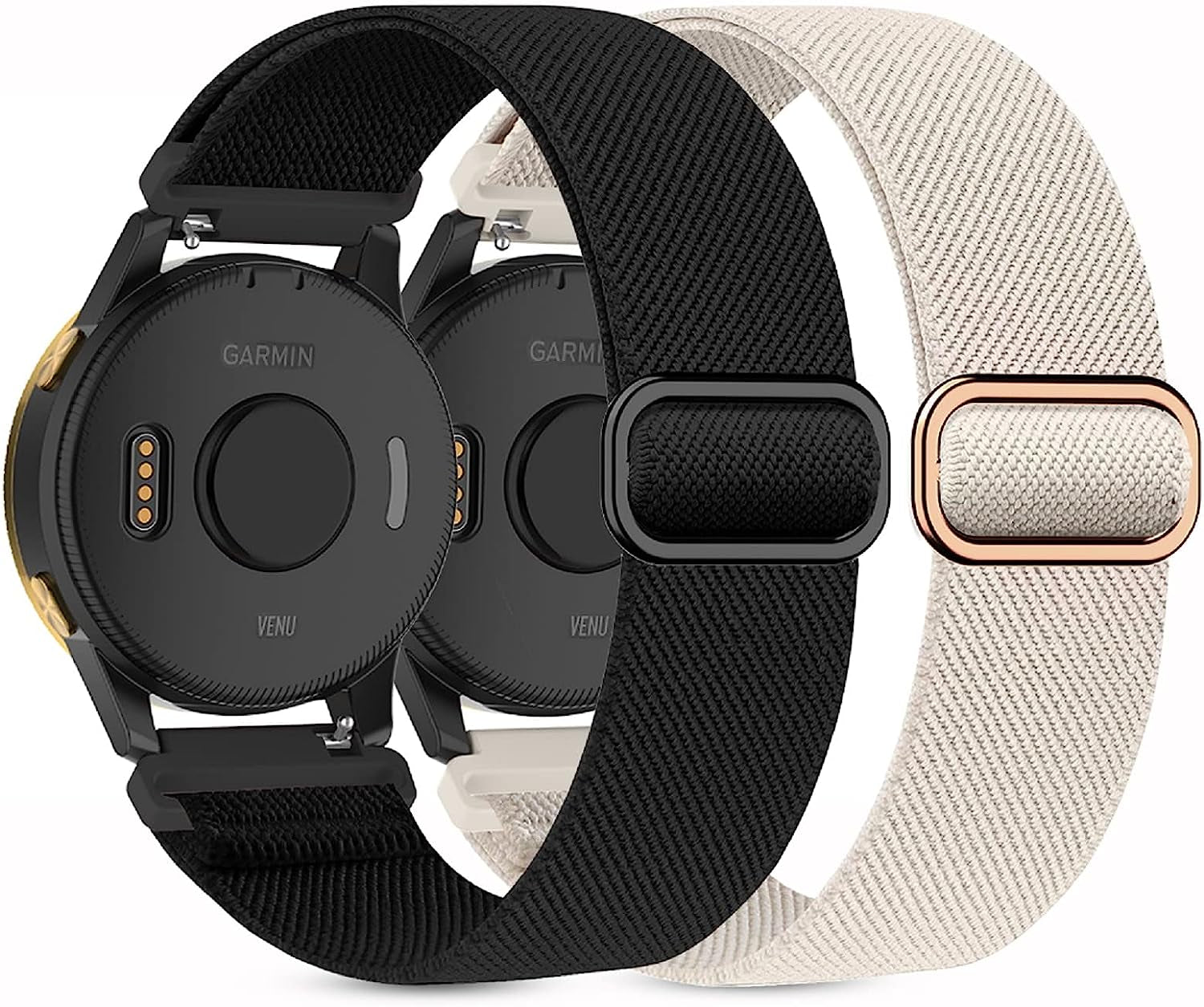 2 Pack Stretchy Nylon Watch Bands Compatible with Garmin Venu/Venu Sq, 20Mm Loop Elastic Straps for Garmin Vivoactive 3,Venu 2 Plus/Venu Sq 2,Forerunner 645/55/245 Music for Women Men.  Kollody Black/Starlight  