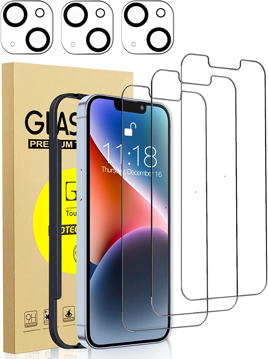 Totexil 3 Pack Screen Protectors for Iphone 14 Pro 6.1 Inch with 3 Pack Camera Lens Protectors, Ultra HD Clear Screen Tempered Glass, Scratch Resistant, 9H Hardness,Easy Installation Frame,Bubble Free  Totexil 14  