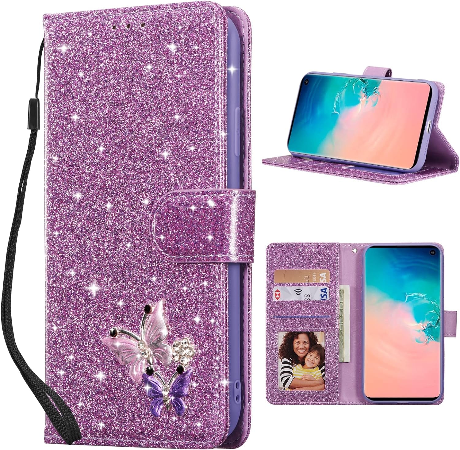 UEEBAI Wallet Case for Samsung Galaxy A53 5G, Premium Glitter PU Leather Phone Case Card Slots Kickstand Case Magnetic Closure Bling Handbag Case Shockproof Hand Strap Flip Cover - Glitter Purple  UEEBAI Glitter Purple Samsung Galaxy S10 Plus 