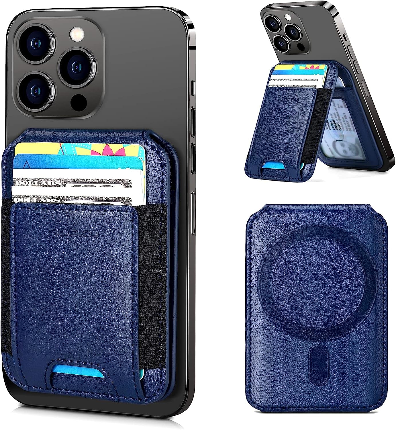 Nuoku Designed for Magsafe Wallet, Leather Magnetic Card Holder for Iphone 14 Pro Max/14 Pro/14 Plus/14 and 13/12 Series, NOT Compatible with 13/12 Mini  nuoku Blue  