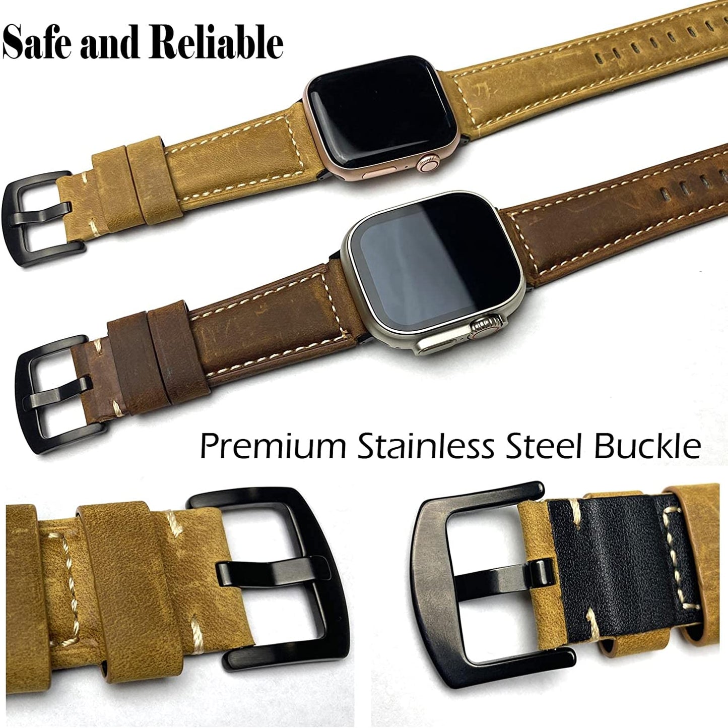 BOTOMALL Compatible with Apple Watch Ultra Band Leather 49/45/44/42Mm 41/40/38Mm Series 8 7 SE 6 5 4 3 2 1 Premium Vintage Leather Replacement Straps for Iwatch Men Women  BOTOMALL   