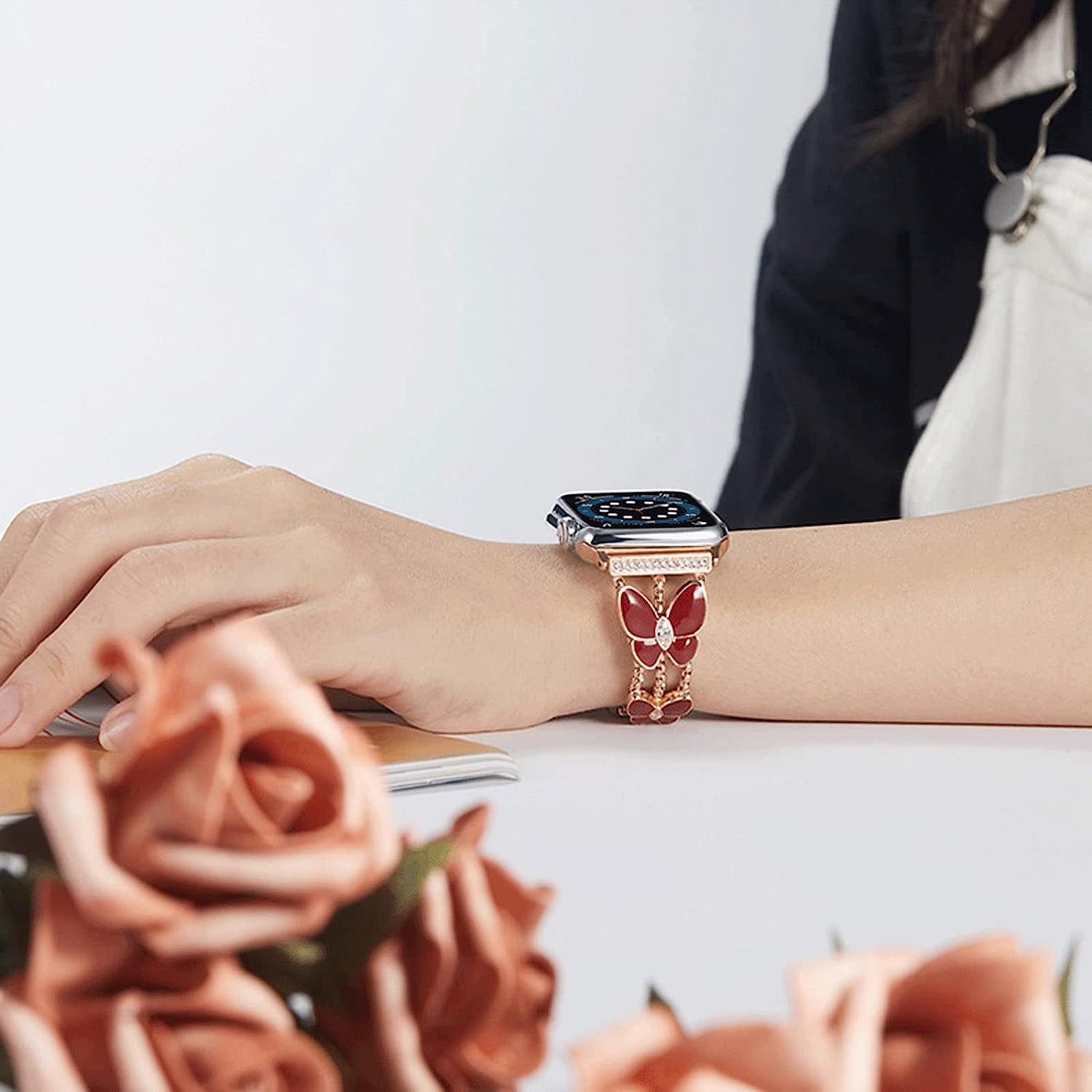 Hi-Yoohere Elegent Stylish Bands Compatible with Apple Watch 38Mm 40Mm 41Mm Chic Butterfly Diamond Rhinestone Metal Wristband Strap for Girls Women Iwatch SE & Series 7/6/5/4/3/2/1  HYHMXB   