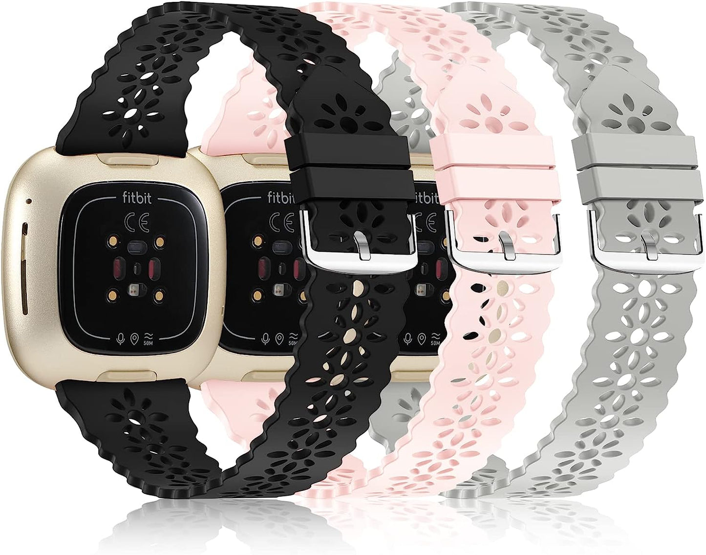 YAXIN 3 Pack Slim Sport Bands Compatible with Fitbit Sense/Fitbit Versa 3 Band/Versa 4 Bands/Fitbit Sense 2 for Women,Soft Silicone Lace Replacement Wristbands for Fitbit Versa Smart Watch  YAXIN B-black/pink sand/gray  