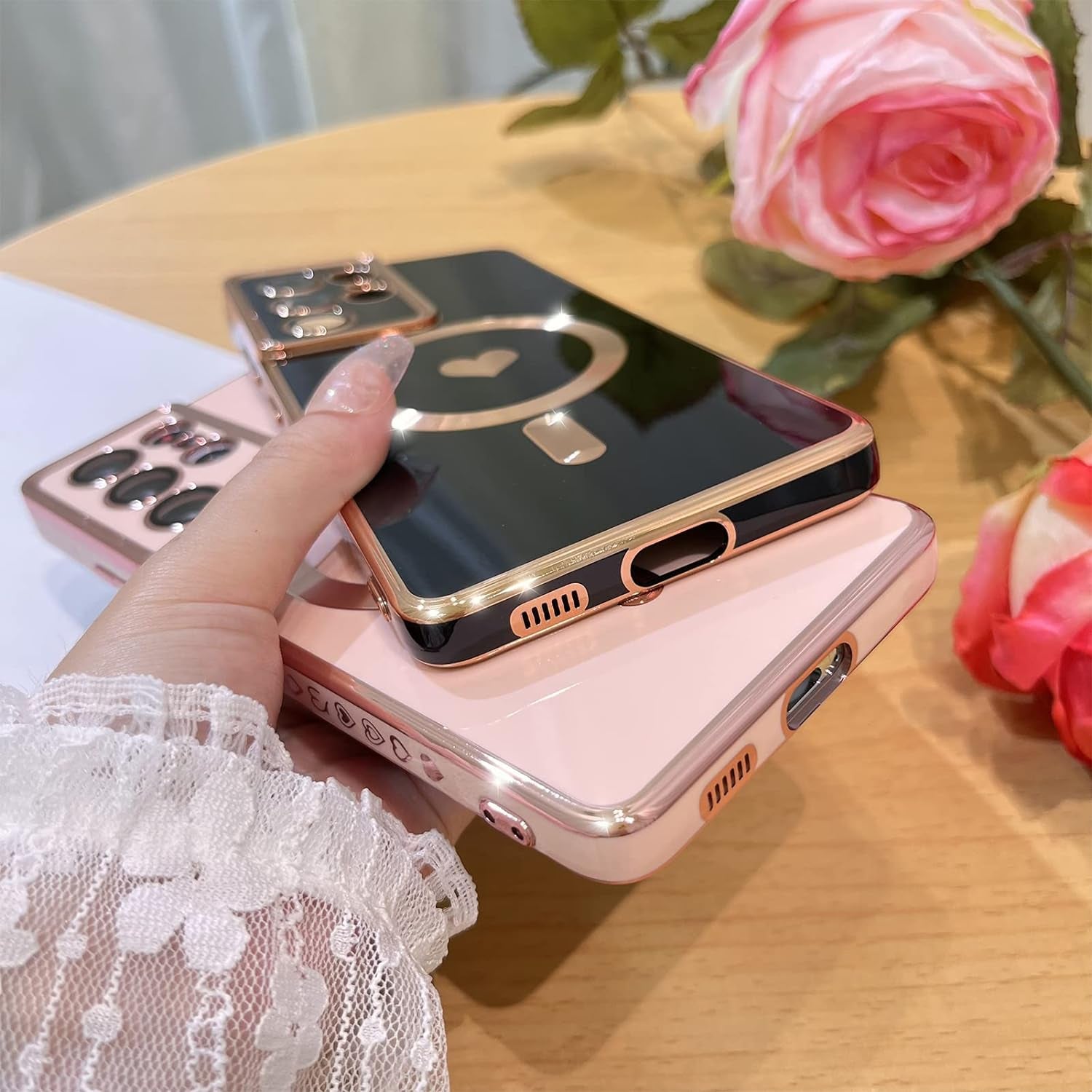 Bonoma Magnetic Case for Samsung Galaxy S21 Ultra Compatible with Magsafe, Cute Love Heart Luxury Plating Back Cover with Edge Elegant Aesthetic Hearts Pattern Silicone Phone Case-Pink  Bonoma   