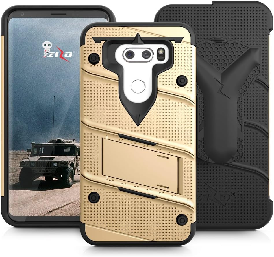 Zizo Bolt Series Compatible with LG V30 Case Military Grade Drop Tested with Tempered Glass Screen Protector, Holster LG V35 Thinq Case Gold Black  Zizo   