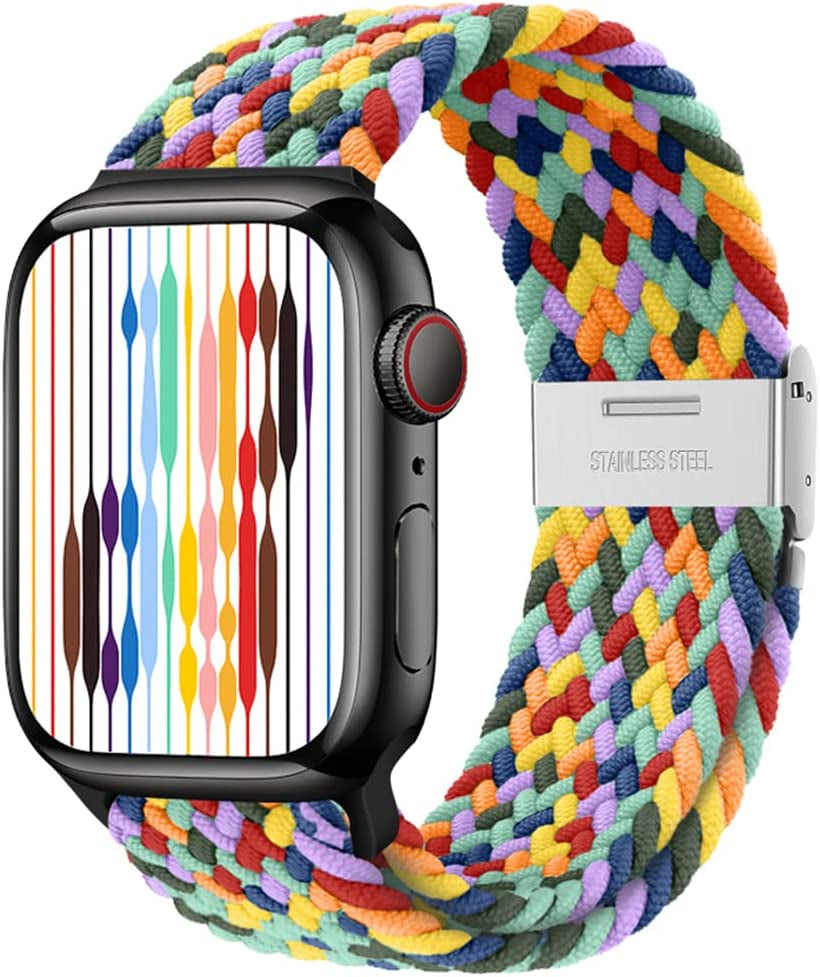 Qimela Compatible with Apple Watch Band 49Mm 45Mm 44Mm 42Mm,Stretchy Sport Solo Loop Strap with Adjustable Buckle,Elastic Nylon Braided Wristband for Iwatch Series 8 7 6 SE 5 4 3 2 1 Ultra,Women Men  FS-TECH Colorful 42mm/44mm/45mm/49mm 