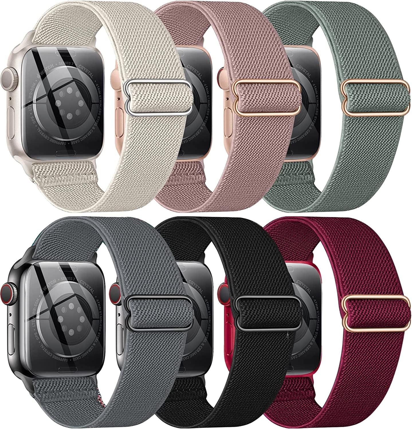 BELONGME 6 Packs Stretchy Nylon Solo Loop for Apple Watch Band Series Ultra SE 8 7 6 5 4 3 2 1 40Mm 38Mm 44Mm 42Mm 45Mm 41Mm 49Mm, Women and Men Sport Apple Watch Bands Replacement for Iwatch Bands  BELONGME A-Black/Rose Pink/Cactus/Starlight/Grey/Wine Red 45mm/44mm/42mm/49mm 