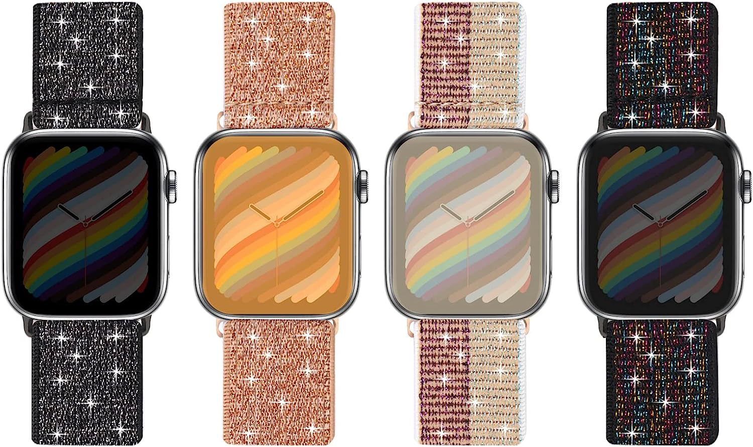 Silutupo Stretchy Bands Compatible with Apple Watch Band 38Mm 40Mm 41Mm for Women - 4 Pack Braided Nylon Watch Band Compatible for Iwatch Series 7 6 5 4 3 2 1 SE  Silutupo Sparkly Black/Sparkly Gold/Sparkly Rose/Sparkly Multi  