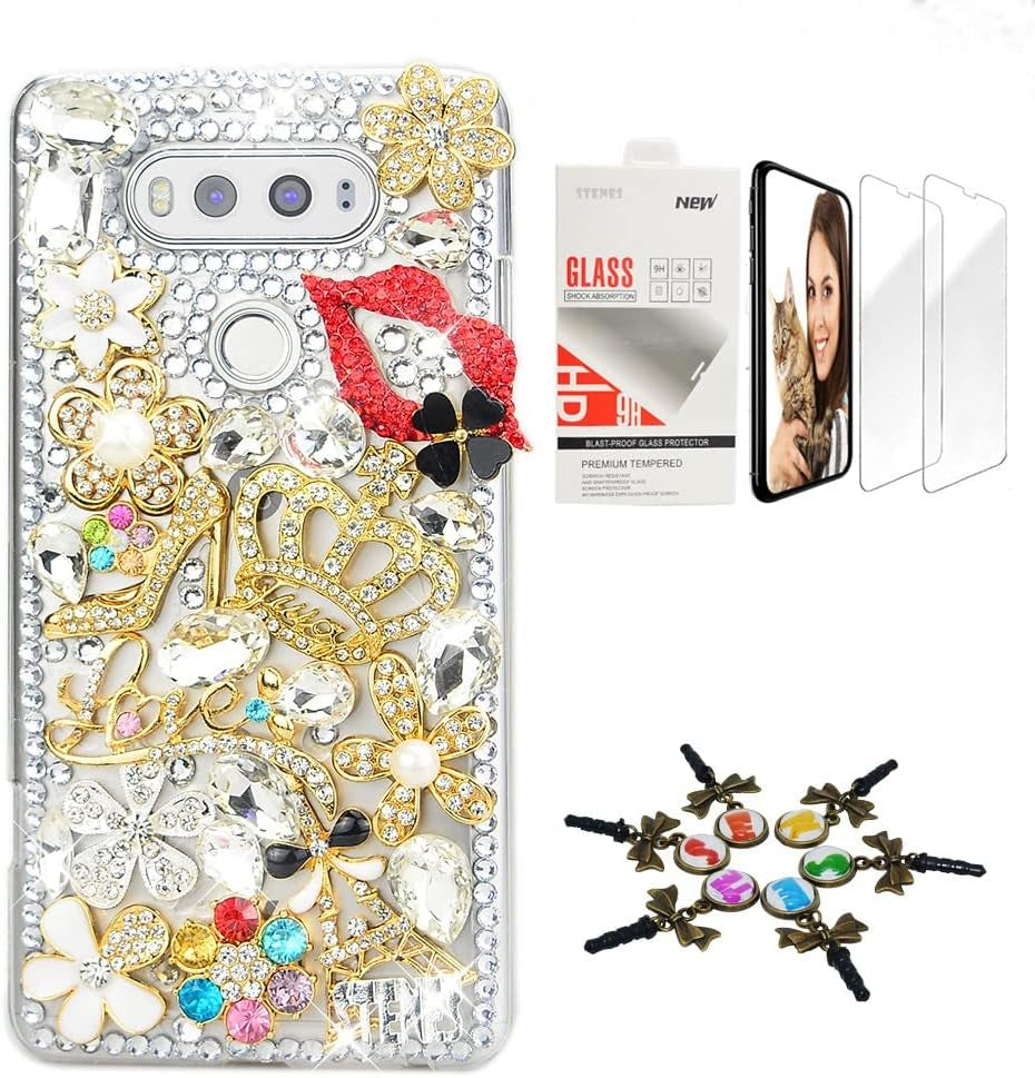 STENES Bling Case Compatible with LG V40 Thinq - Stylish - 3D Handmade [Sparkle Series] Pineapple Love Design Cover with Screen Protector [2 Pack] - Yellow  STENES Crown Sexy Lips Girls High Heel Flowers / Gold Design For Lg K51 