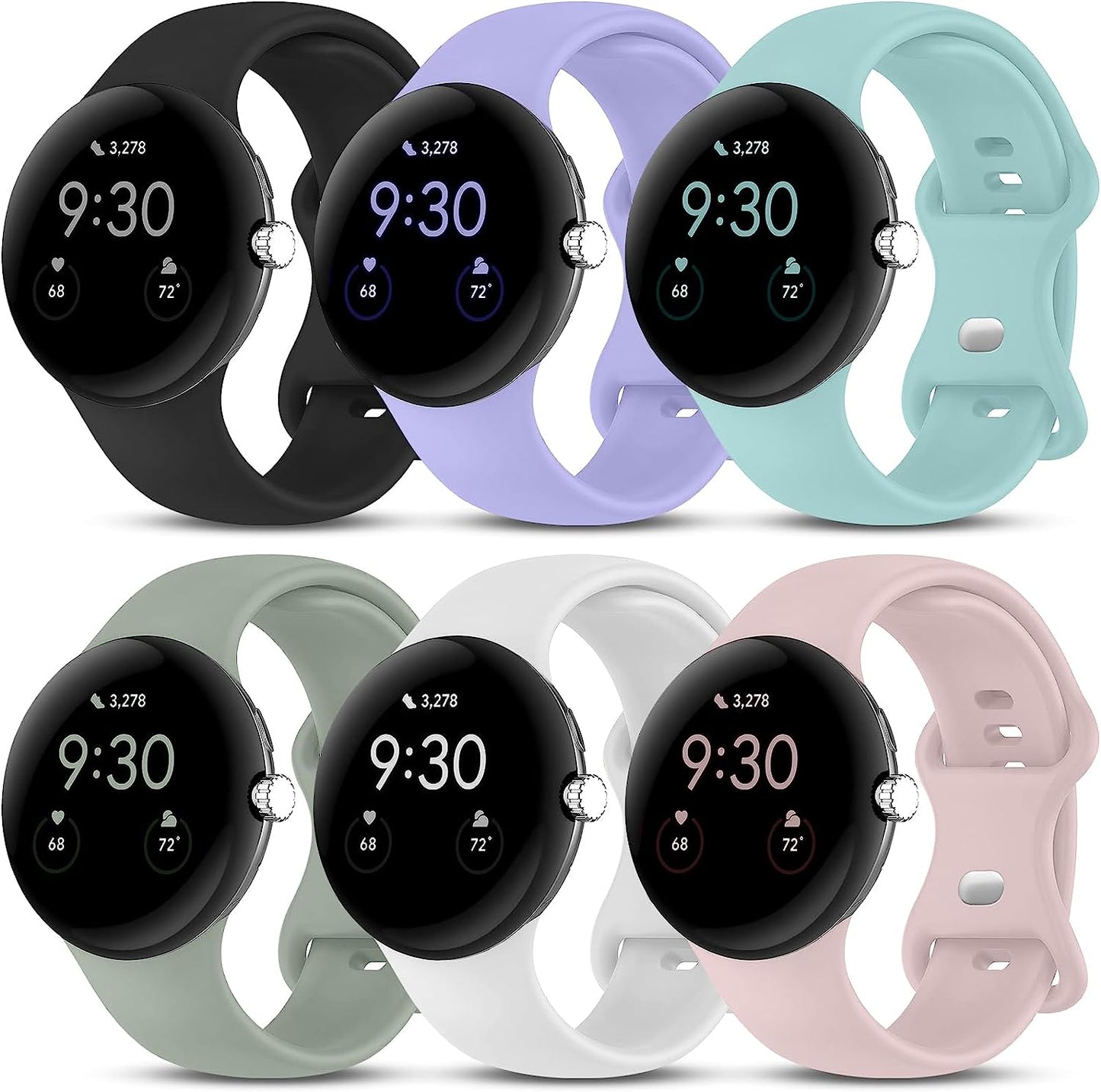 BMINEN Bands 4 Pack for Google Pixel Watch Band, Soft Silicone Wristband Women Men Waterproof Sport Strap Band for Google Pixel Watch 2022 (L, 4PACS-A-L)  BMINEN 6PACS-A-S Small 