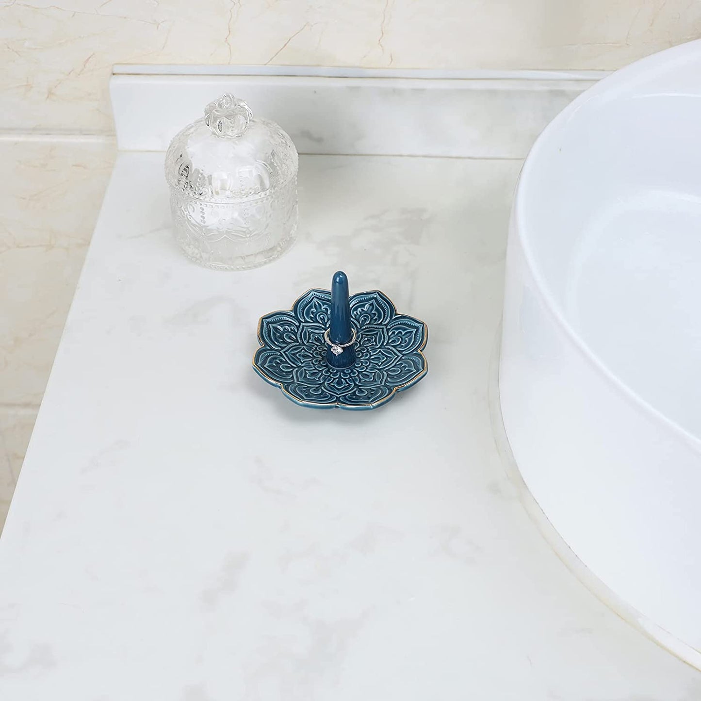 VINCOMIC Mandala Ring Holder,Decorative Jewelry Holder,Birthday Christmas Thanksgiving Day Engagement Wedding Gifts for Women,Ceramic Navy Blue  VINCOMIC   