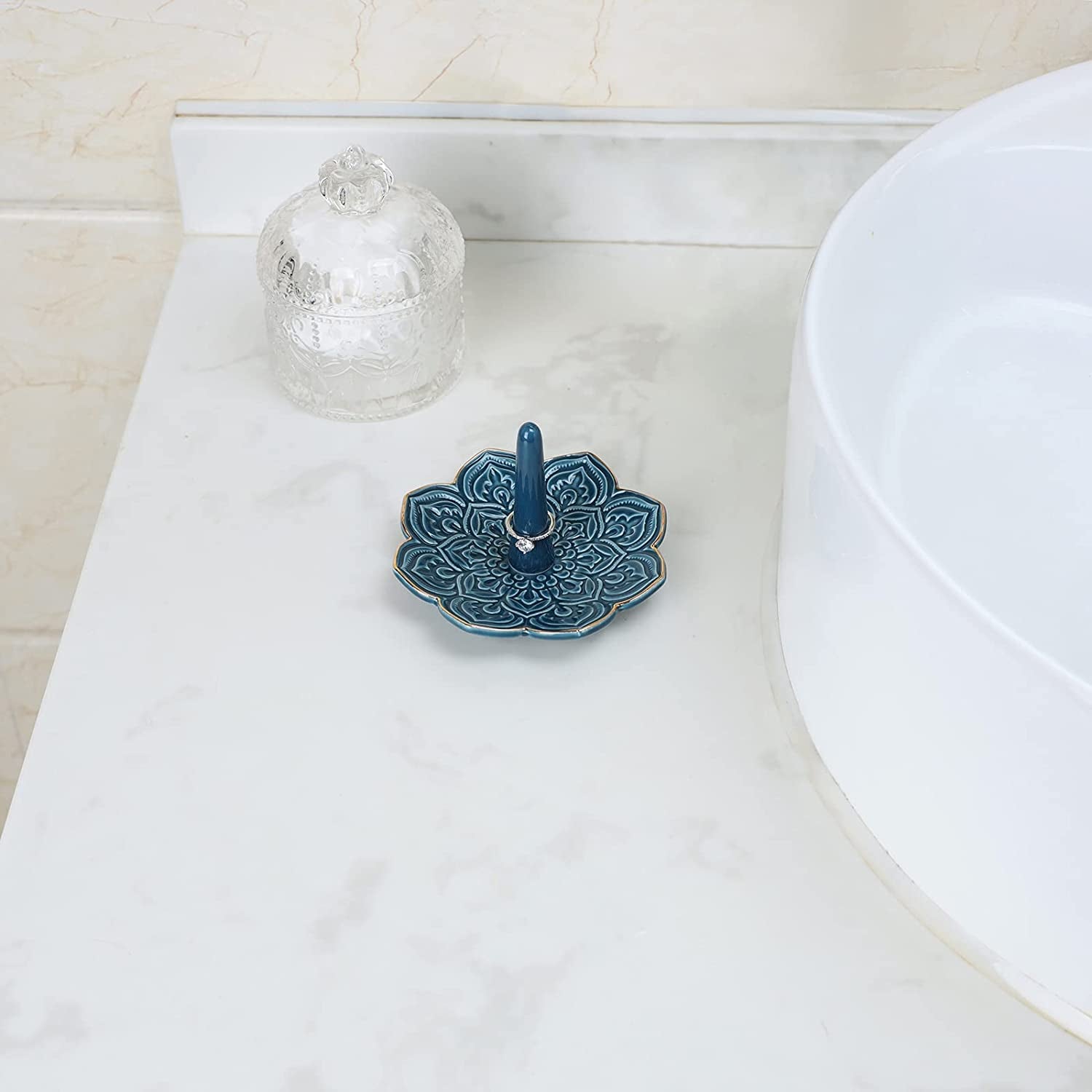 VINCOMIC Mandala Ring Holder,Decorative Jewelry Holder,Birthday Christmas Thanksgiving Day Engagement Wedding Gifts for Women,Ceramic Navy Blue  VINCOMIC   