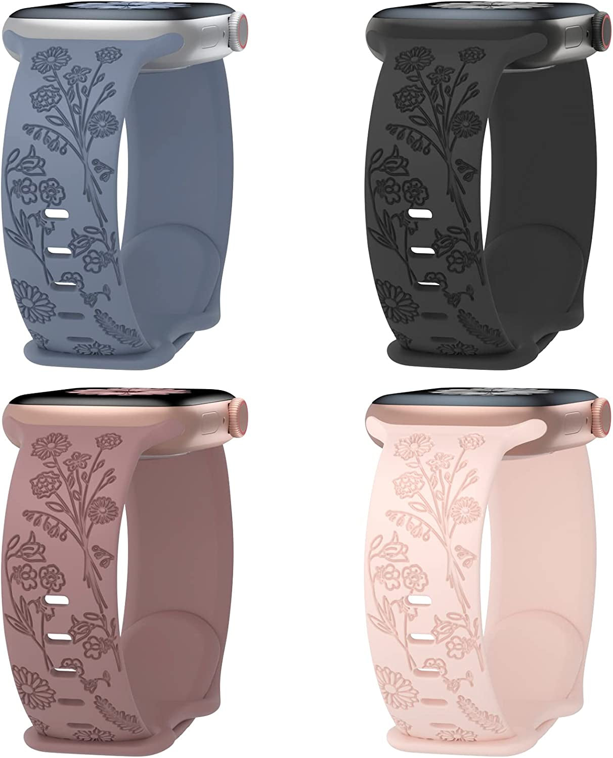 Keebowz 4 Pack Flower Engraved Silicone Band Compatible with Apple Watch Band 38Mm 40Mm 41Mm 42Mm 44Mm 45Mm 49Mm, Women Soft Floral Strap Sport Wristbands for Iwatch Series 8/7/6/5/4/3/2/1/Se/Ultra  Keebowz Blue Grey/Black/Smoke Violet/Pind Sand 42/44/45/49mm 