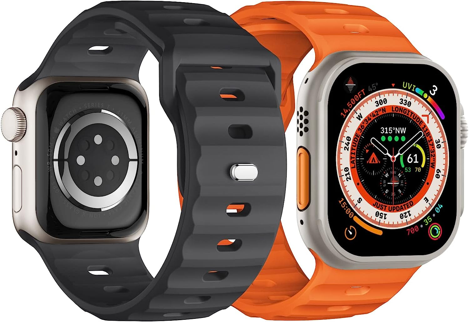 Sport Bands Compatible with Apple Watch Ultra Band 49Mm 45Mm 44Mm 42Mm for Men, Soft Silicone Wristbands Waterproof Replacement Strap for Iwatch Series 8 7 6 5 SE Ultra, 2 Packs  Suitisbest Orange/Deep Grey 49mm/45mm/44mm/42mm Large 