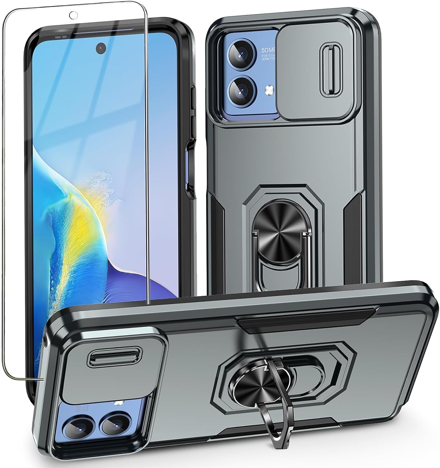 For Motorola Moto G Stylus 5G 2023 Case with Slide Camera Cover + Tempered Glass Screen Protector,[Full Camera Protection] [Ring Kickstand] Military Grade Shockproof Full Body Protective Cover-Orange  Mocotto Gray  