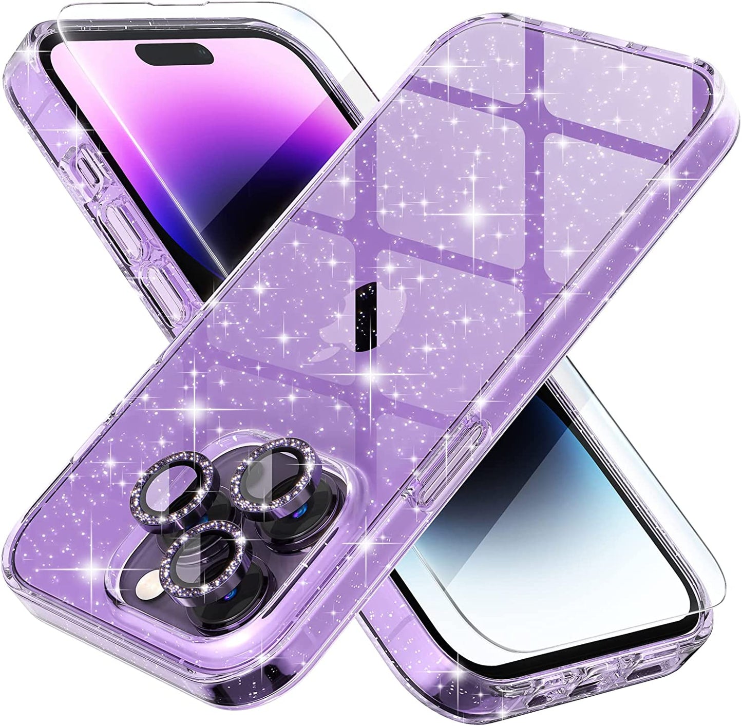 Choiche Compatible for Iphone 14 Case Cute, Women Clear Glitter Bling Sparkly Case, [2 X Diamond Camera Lens Protectors] [2 X Tempered Glass Screen Protectors] 6.1-Inch (Glitter Clear)  Choiche Glitter Purple iPhone 14 Pro 