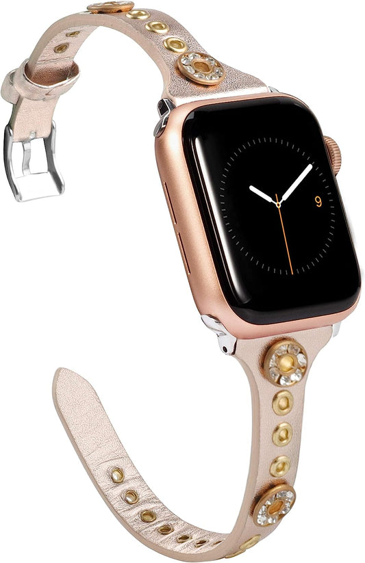 Moolia Compatible with Apple Watch Band 41Mm 38Mm 40Mm 45Mm 42Mm 44Mm Iwatch Series 8 7 6 5 4 3 2 1 for Women, Slim Leather Strap Bracelet Wristband with Bling Studs for Apple Watch Se/Ultra 49Mm  Moolia   
