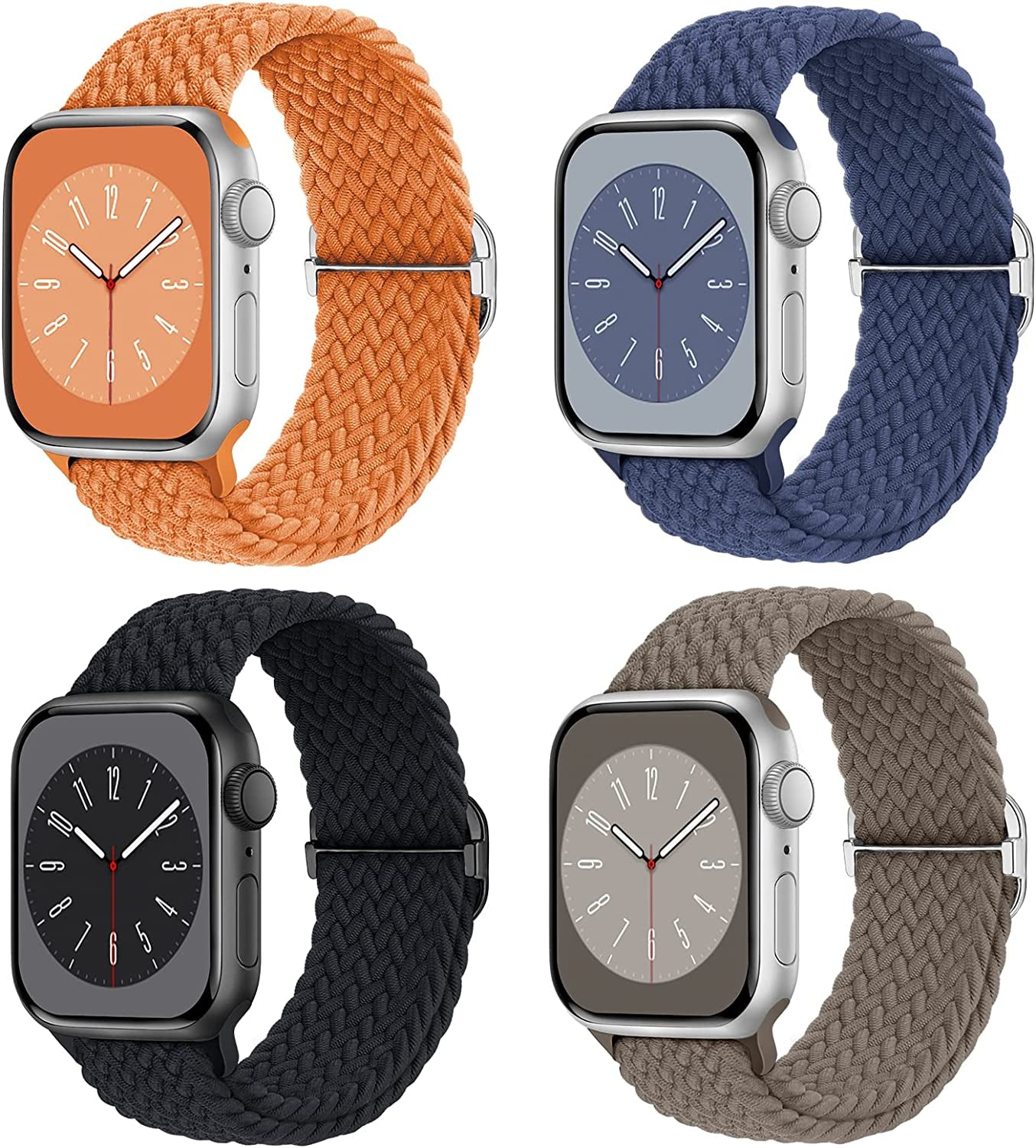 Braided Solo Loop Compatible with Apple Watch Band 38Mm 40Mm 41Mm 42Mm 44Mm 45Mm 49Mm for Women Men, Stretchy Straps Elastic Sport Wristbands for Iwatch Series 8 7 6 5 4 3 2 1 SE Ultra, 4 Packs  Butifacion Orange/Blue/Black/Stone 42/44/45/49mm 