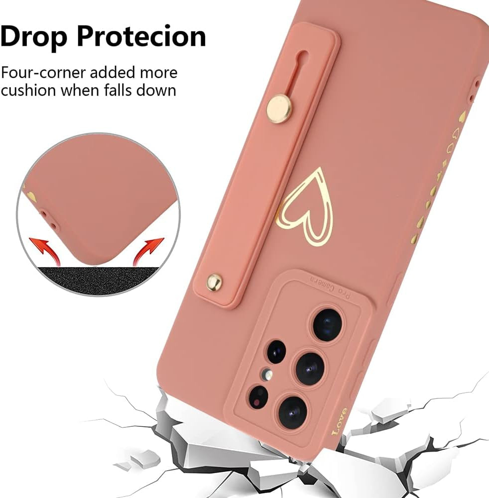 Fiyart Designed for Samsung Galaxy S21 Ultra Case with Phone Stand Holder Cute Love Hearts Protective Camera Protection Cover with Wrist Strap for Women Girls for Galaxy S21 Ultra 6.8"-Pink  Fiyart   