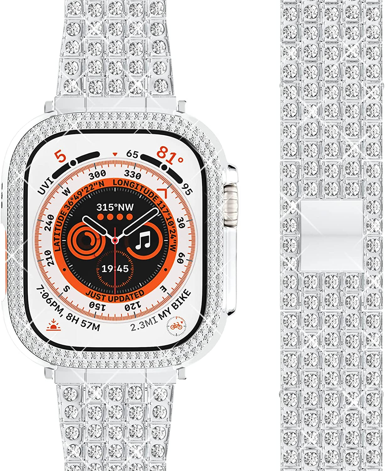 QVLANG Compatible Apple Watch Band Ultra 49Mm, Bling Series Band for Women + Diamond Rhinestone Case, Stainless Steel Metal Bracelet Strap for Iwatch Ultra (Silver, 49Mm)  QVLANG   