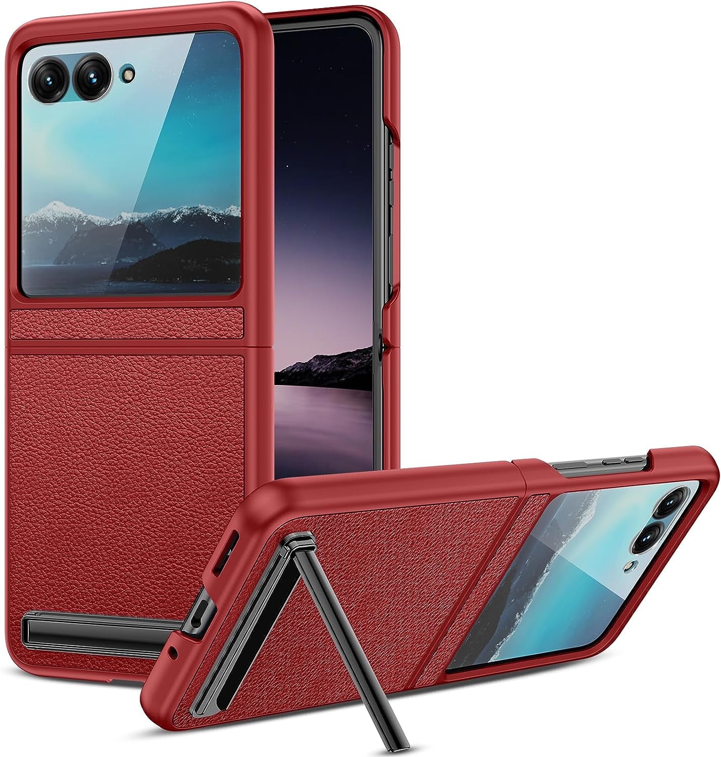 NULETO for Moto Razr plus 2023 Case with Kickstand, Razr+ Phone Case with Built-In Screen Protector for Outer Screen, Drop Protective Slim Motorola Razr plus Case with Luxury Leather Cover, Blue  NULETO Red  