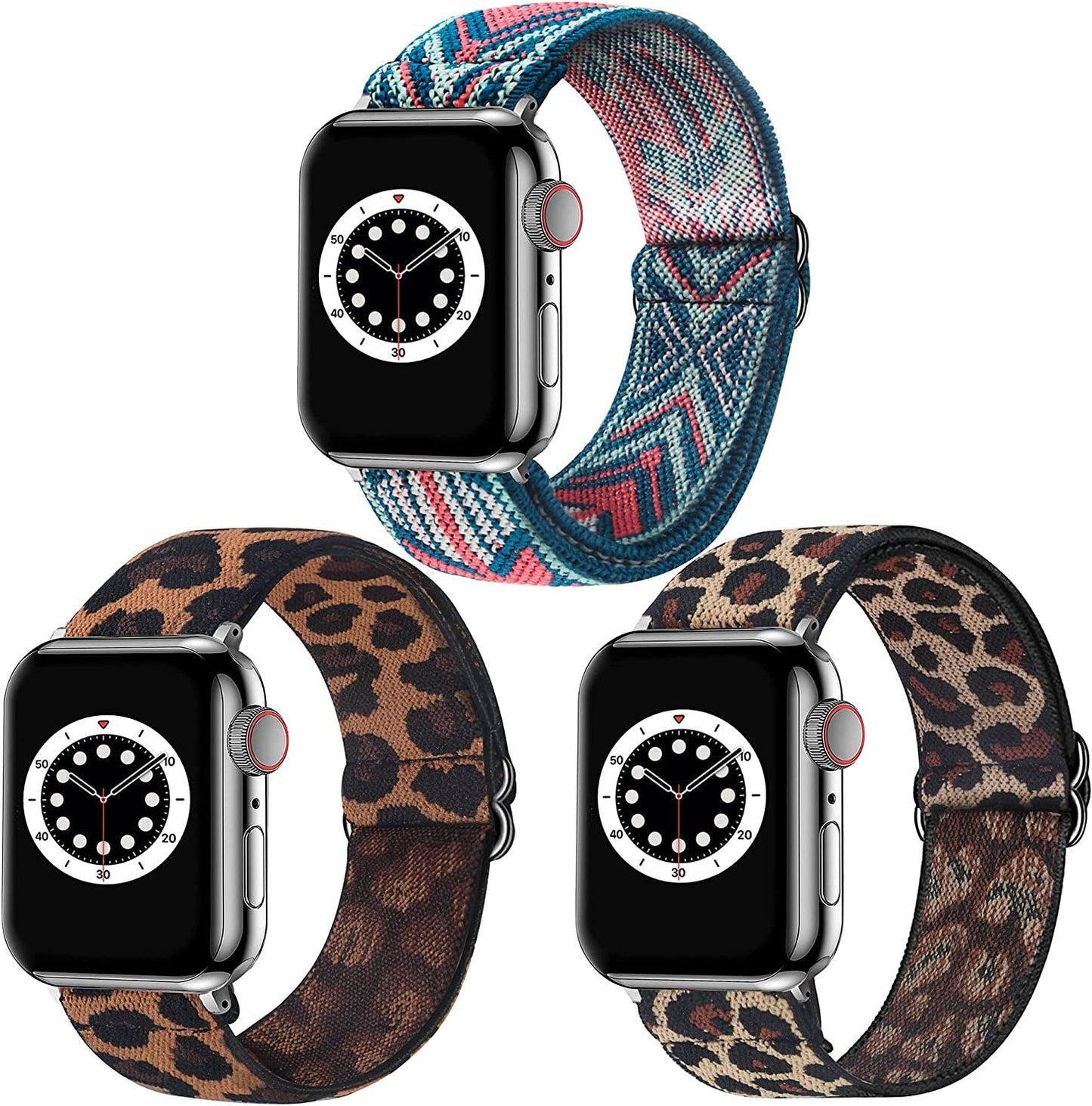 Dsytom 3 Pack Elastic Band Compatible with Apple Watch Bands 38Mm 41Mm 40Mm 42Mm 44Mm 45Mm, Adjustable Stretchy Nylon Bands for Iwatch Series Ultra 8/7/6/5/4/3/2/1 SE Strap for Women  Dsytom Leopard+Green Arrow+Yellow leopard 42mm/44mm/45mm/49mm 