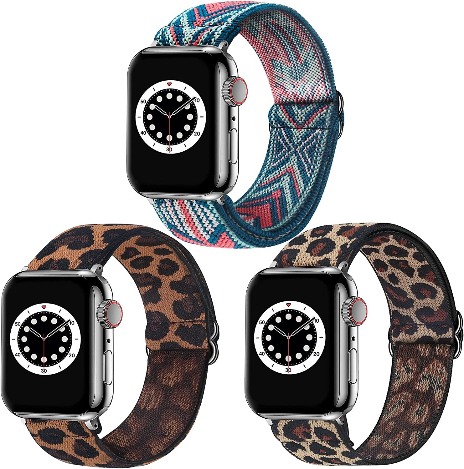 Dsytom 3 Pack Elastic Band Compatible with Apple Watch Bands 38Mm 41Mm 40Mm 42Mm 44Mm 45Mm, Adjustable Stretchy Nylon Bands for Iwatch Series Ultra 8/7/6/5/4/3/2/1 SE Strap for Women  Dsytom Leopard+Green Arrow+Yellow leopard 42mm/44mm/45mm/49mm 
