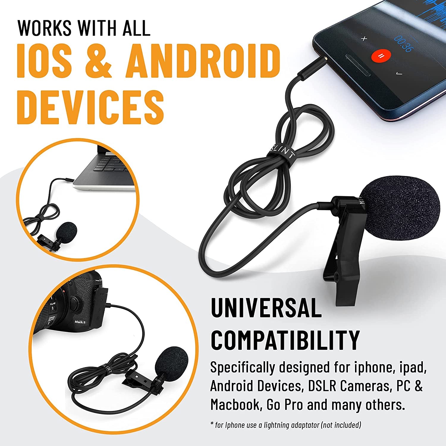 SLINT Lapel Microphone 2 Pack- Clip-On Microphones with Omnidirectional Condenser - Lavalier Lapel Mic Compatible with Android, Gopro, DSLR - Lav Mic for Youtube Recording  SLINT   