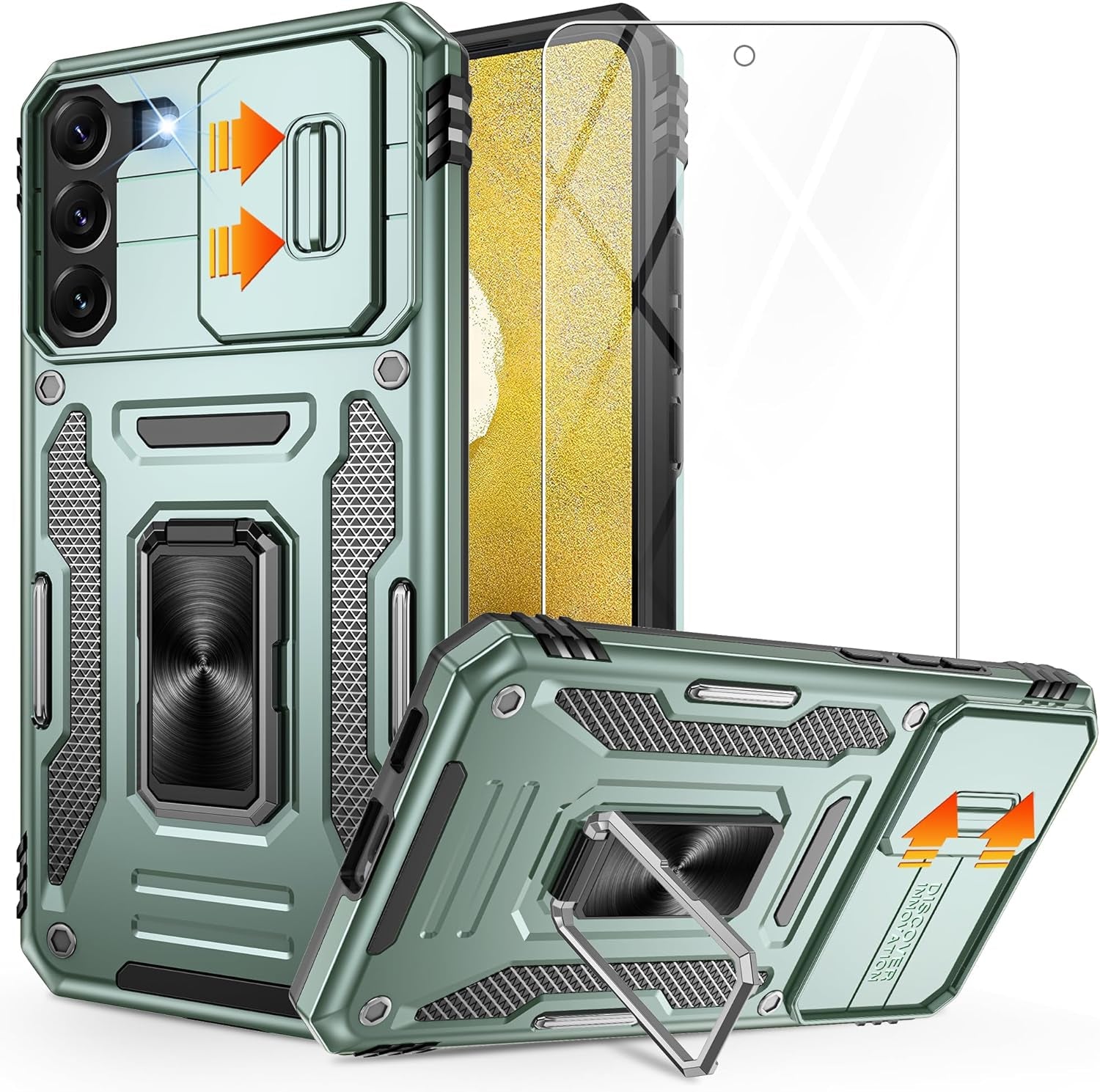 Galaxy S22 Case，S22 Case with Slide Camera Cover and Screen Protector, Shockproof Samsung S22 Galaxy Case with 360° Magnetic Ring Holder Kickstand Phone Case for Samsung S22 Black  Gritup Alpine Green  