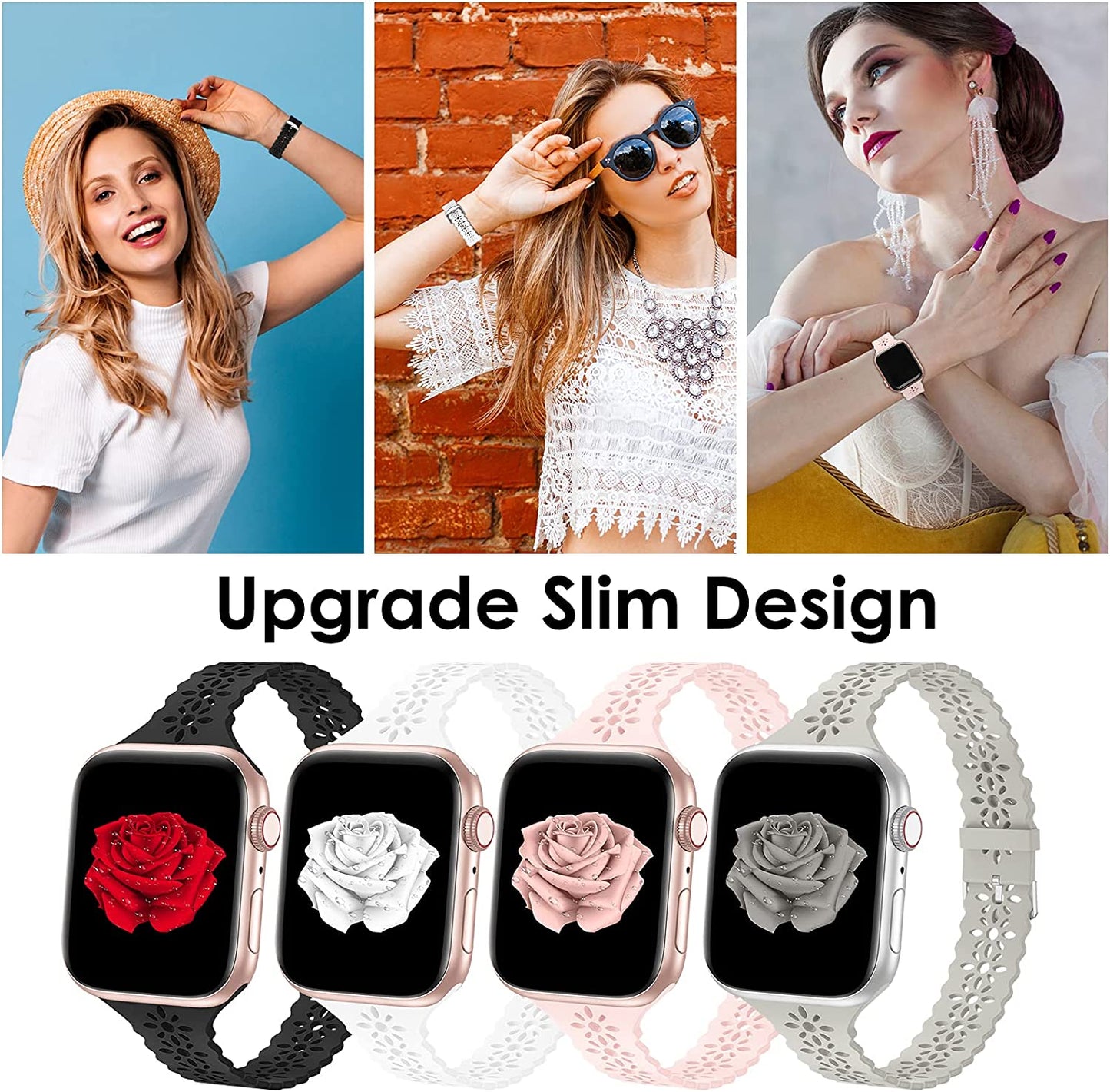 Bandiction 4 Pack Lace Silicone Bands Compatible with Apple Watch Band 38Mm 40Mm 41Mm 42Mm 44Mm 45Mm 49Mm, Women Slim Thin Hollow-Out Sport Wristband for Iwatch Series Ultra 8 SE 7 6 5 4 3 2 1  Bandiction   