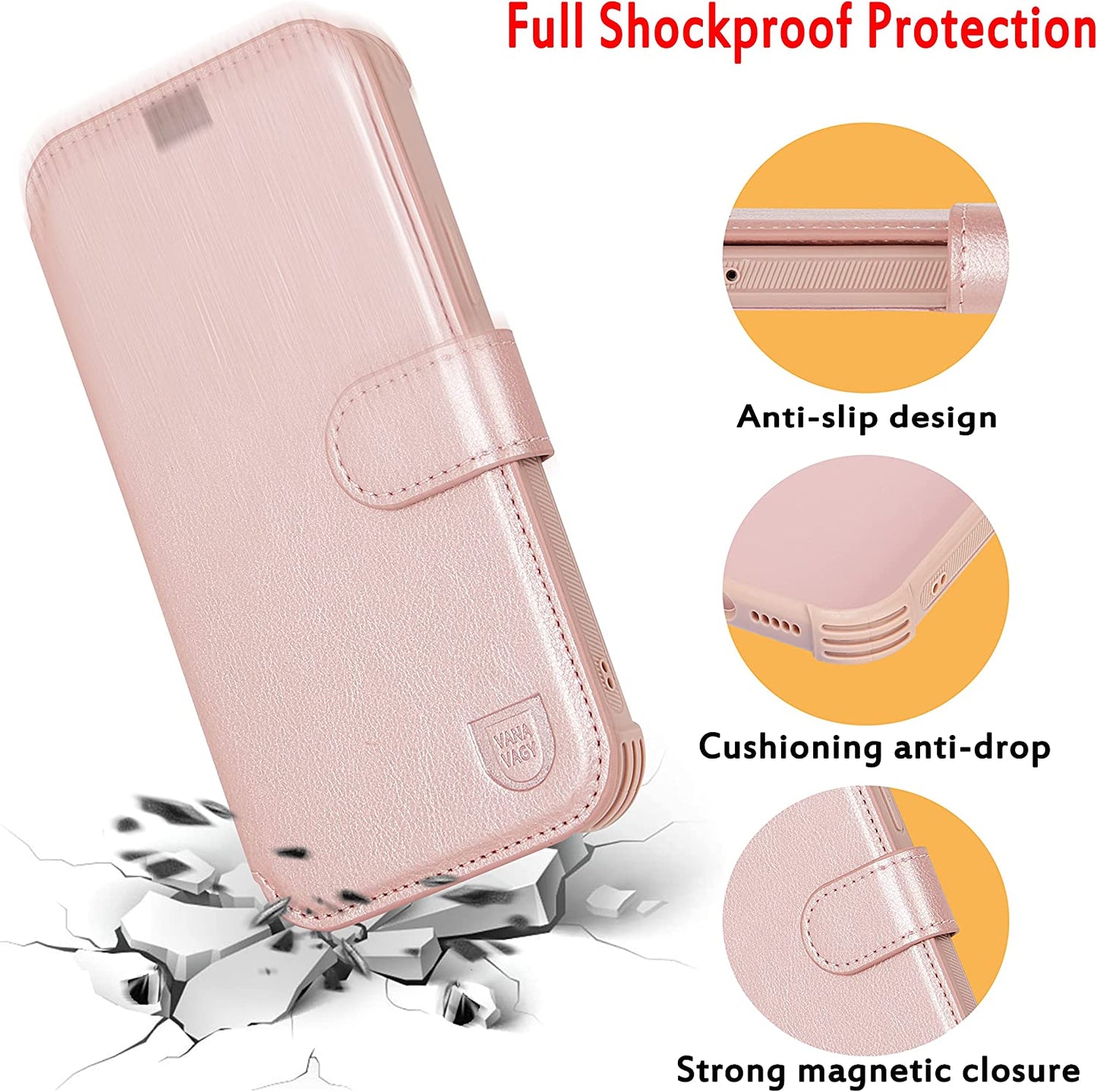 VANAVAGY Iphone 13 Pro Wallet Case Magsafe,Leather Flip Folio Phone Cover Supports Magsafe and Wireless Charging with RFID Block Card Holder and Wrist Strap,Rosegold  VANAVAGY   