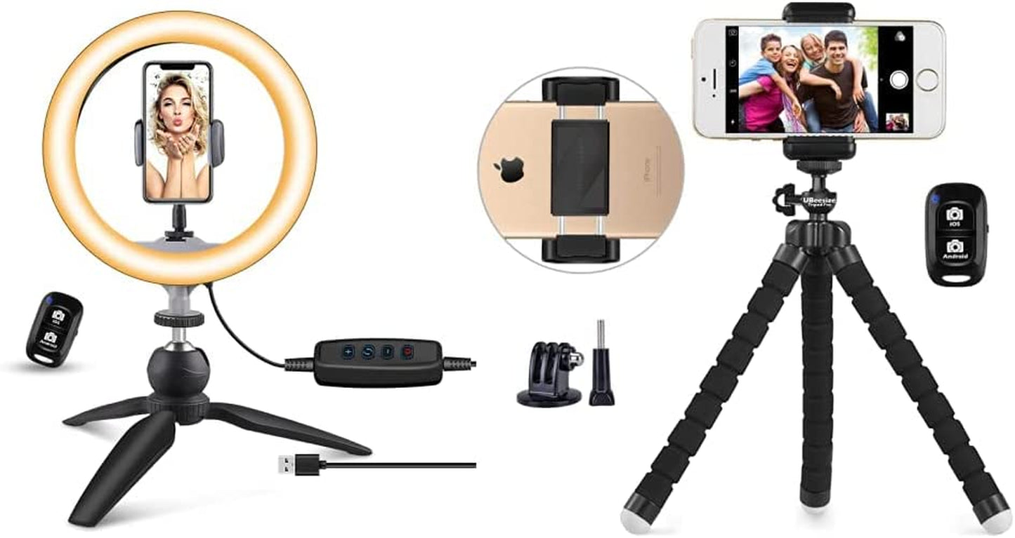 Ubeesize 10" LED Ring Light with Tripod Stand & Phone Holder, Dimmable Desk Makeup Ring Light, Perfect for Live Streaming, Youtube Videos, and Photography, 3 Light Modes and 11 Brightness Levels  UBeesize Light + Tripod  