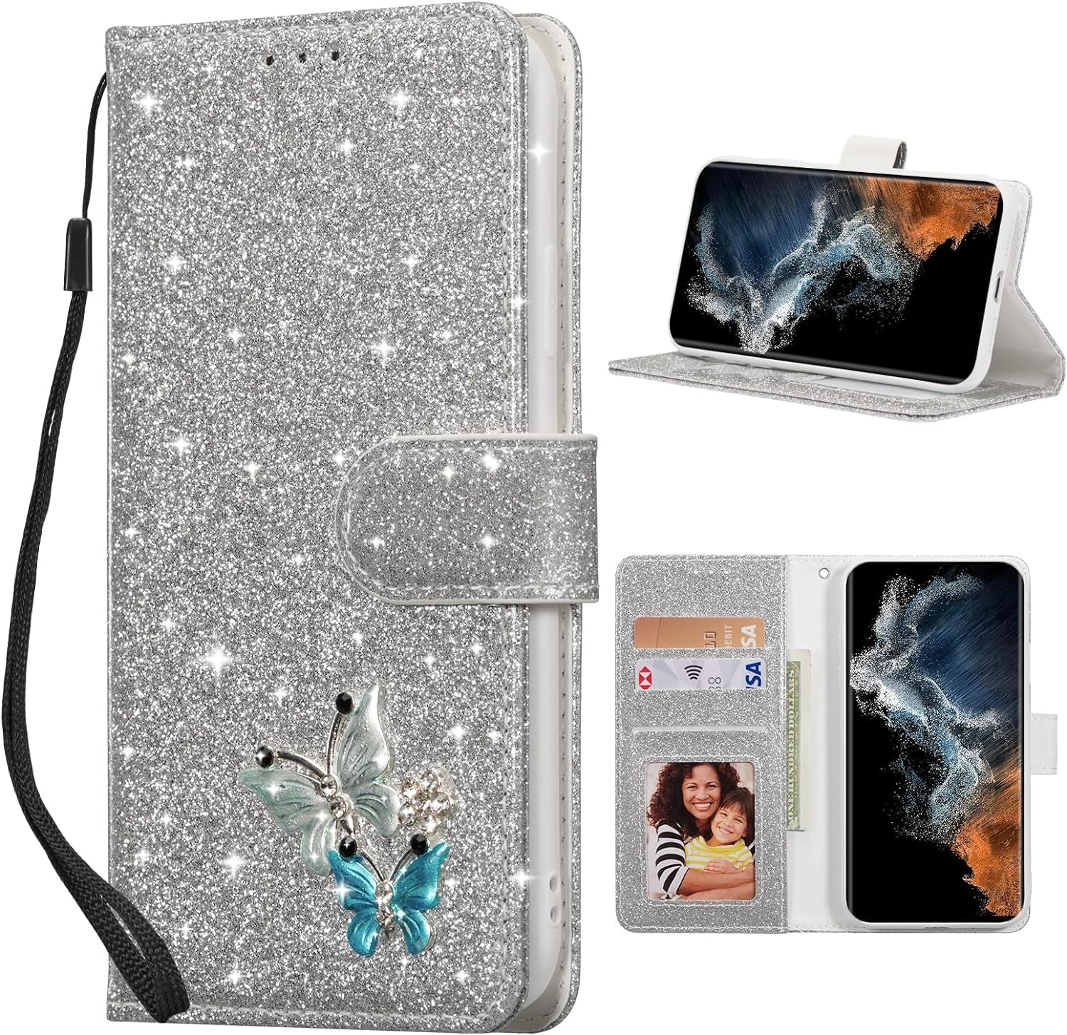 UEEBAI Wallet Case for Samsung Galaxy A53 5G, Premium Glitter PU Leather Phone Case Card Slots Kickstand Case Magnetic Closure Bling Handbag Case Shockproof Hand Strap Flip Cover - Glitter Purple  UEEBAI Silver Samsung Galaxy S22 Ultra 5G 