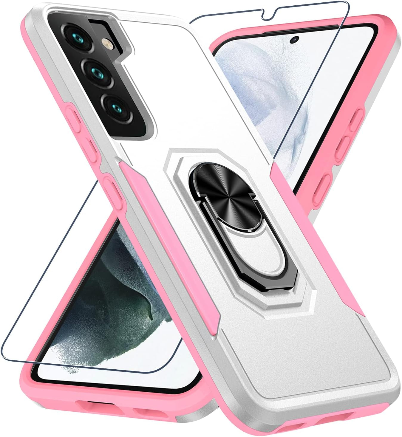 Samsung Galaxy S22 Case with Screen Protector Tempered Glass [Not for S22+] ,Heavy Duty Shockproof Full Body Phone Cover[Dual Layer][Hard PC Back],Built in Finger Ring Stable Kickstand,2022 Black  Janmitta White  